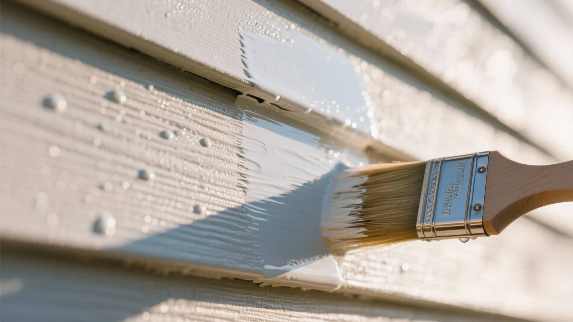 Applying fresh white paint to exterior wooden wall panels using a brush in bright sunlight
