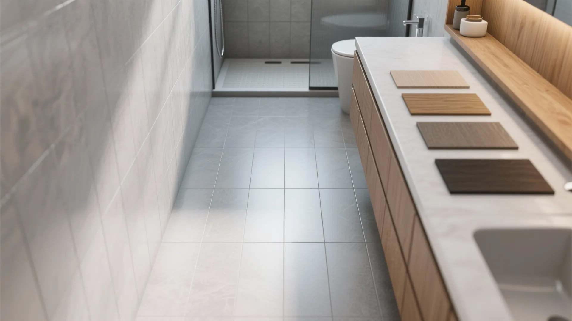 Top-down material view of large-format tiles laid lengthwise and continuous flooring into a curbless shower.