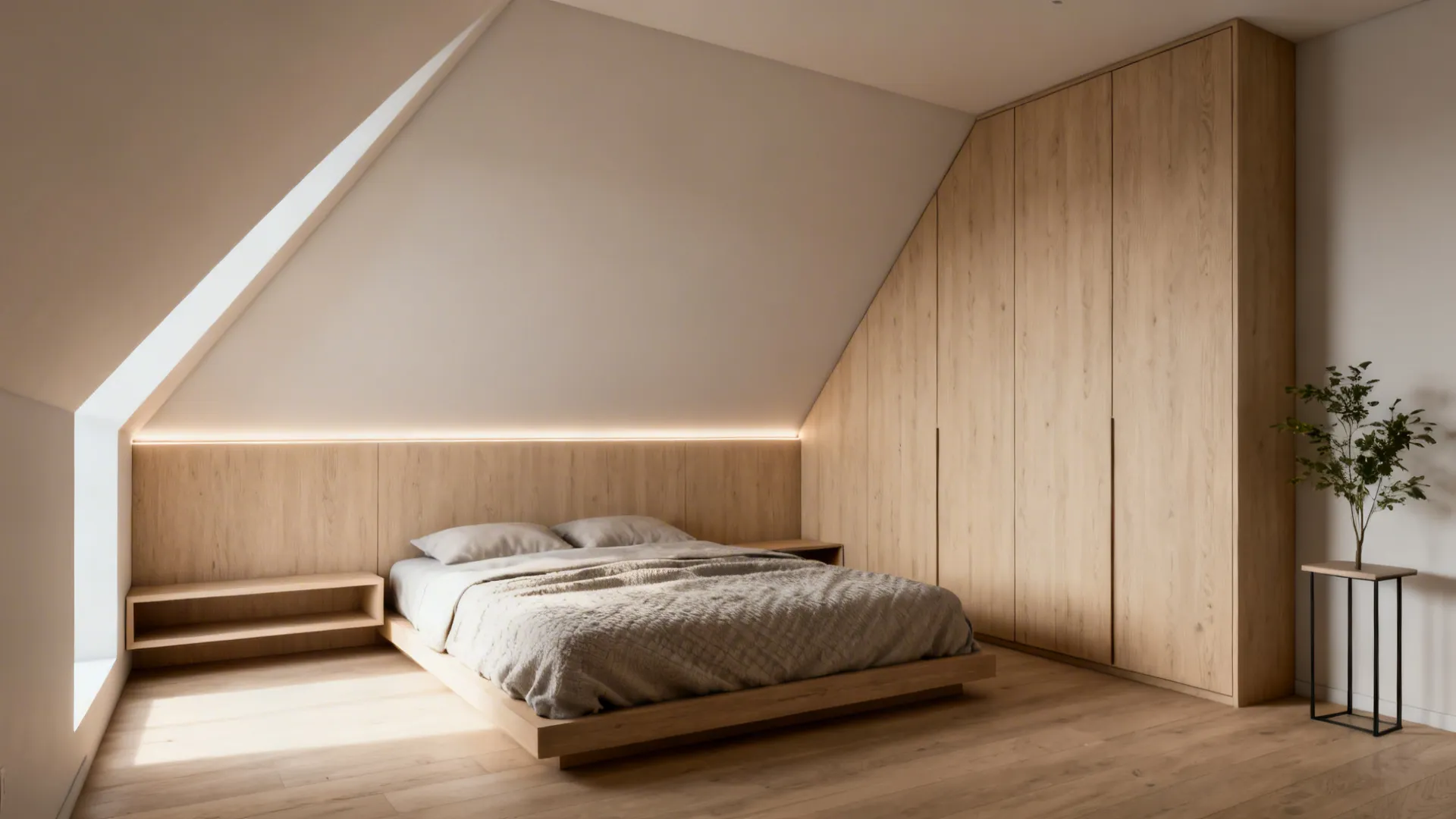 Triangular bedroom with a wall-to-wall headboard and storage along the longest wall.
