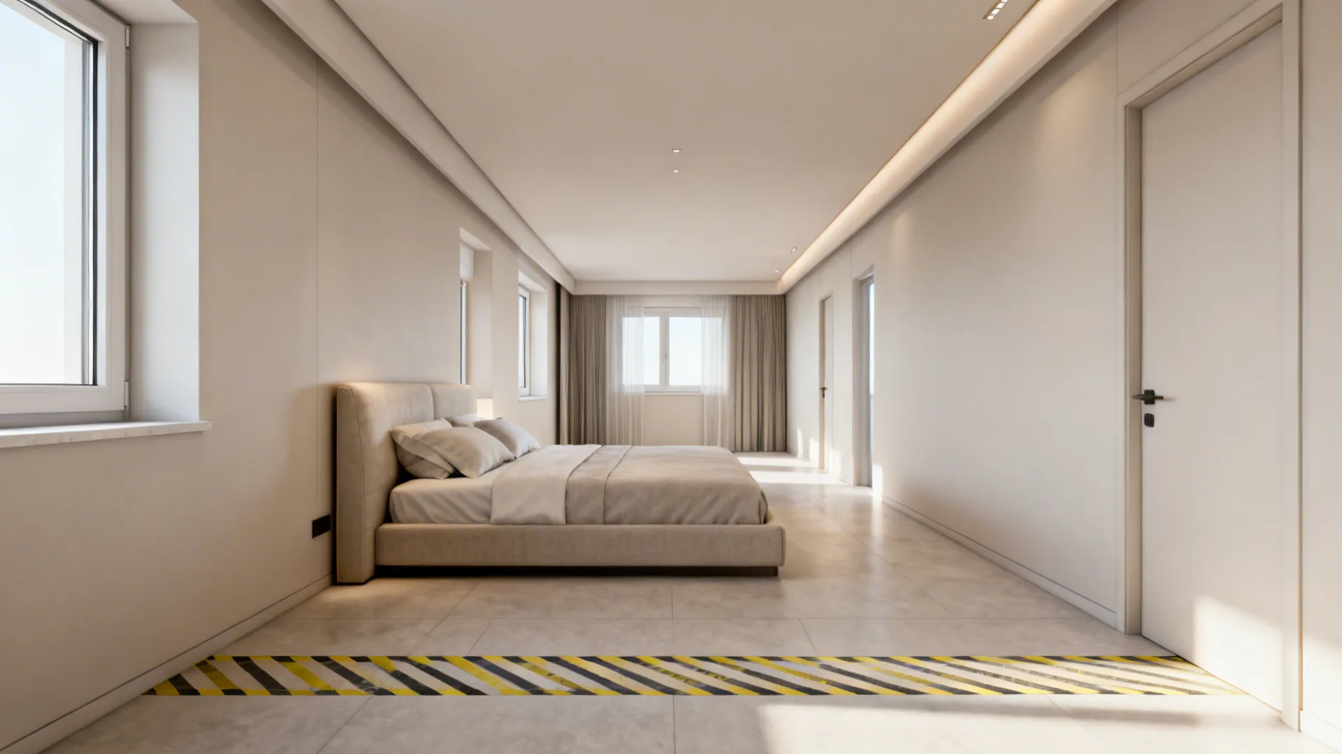 Narrow bedroom with a king bed anchored on the long wall and clear circulation on both sides