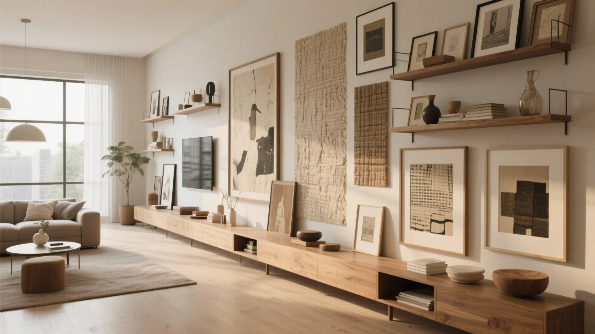 Long wooden cabinet with wall shelves and framed art in a bright modern living room