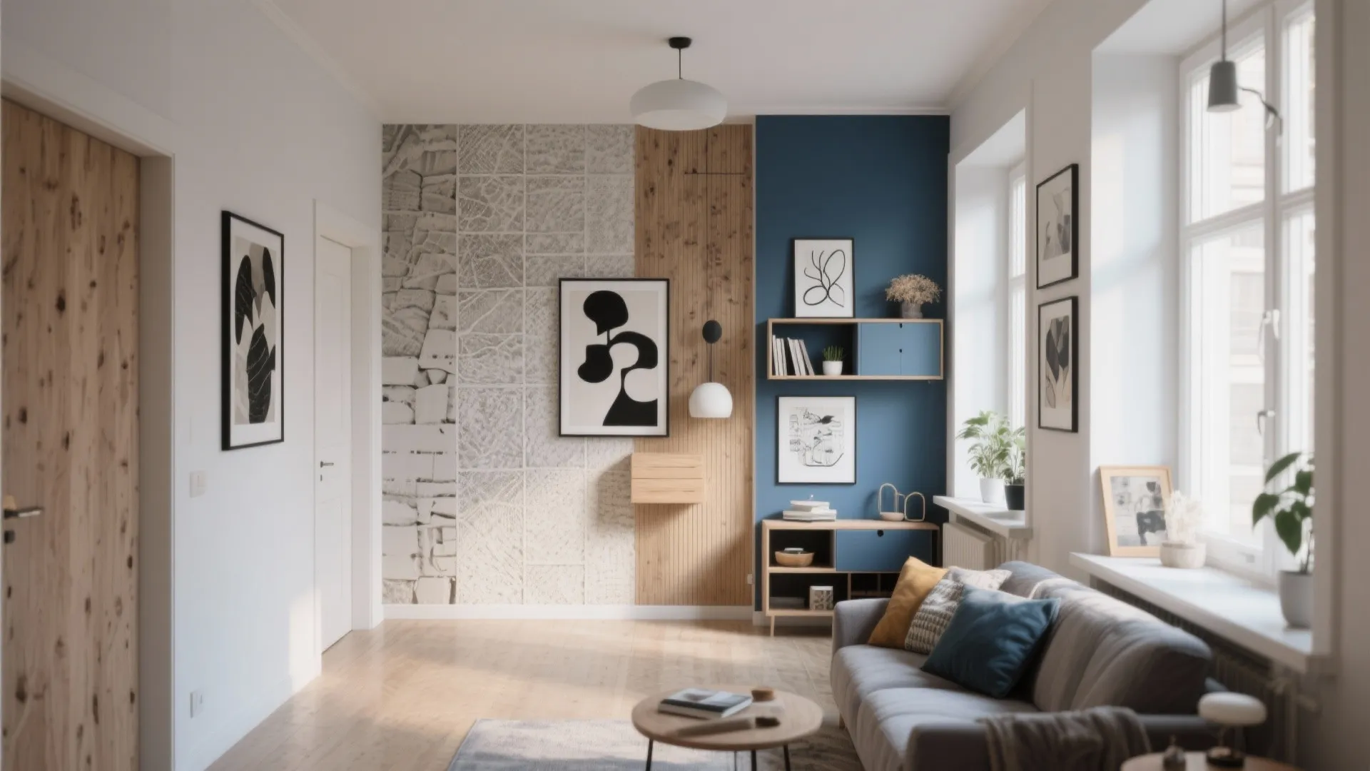 Modern living room featuring blue accent wall with wooden panels plus grey sofa and light