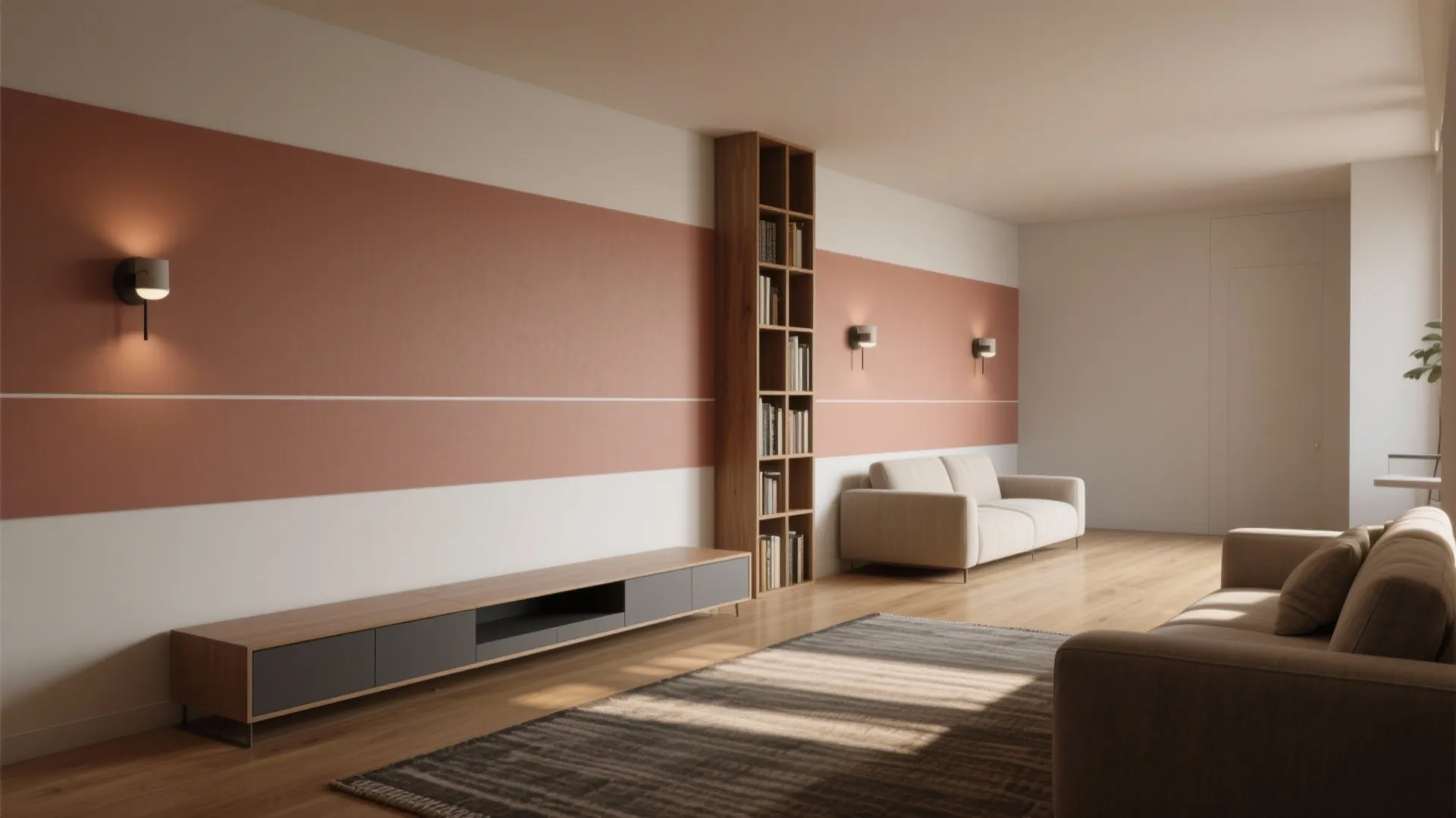 Linear furniture layout with low-profile sofa and slim media console against the long wall, accented by a horizontal painted band and wall sconces.