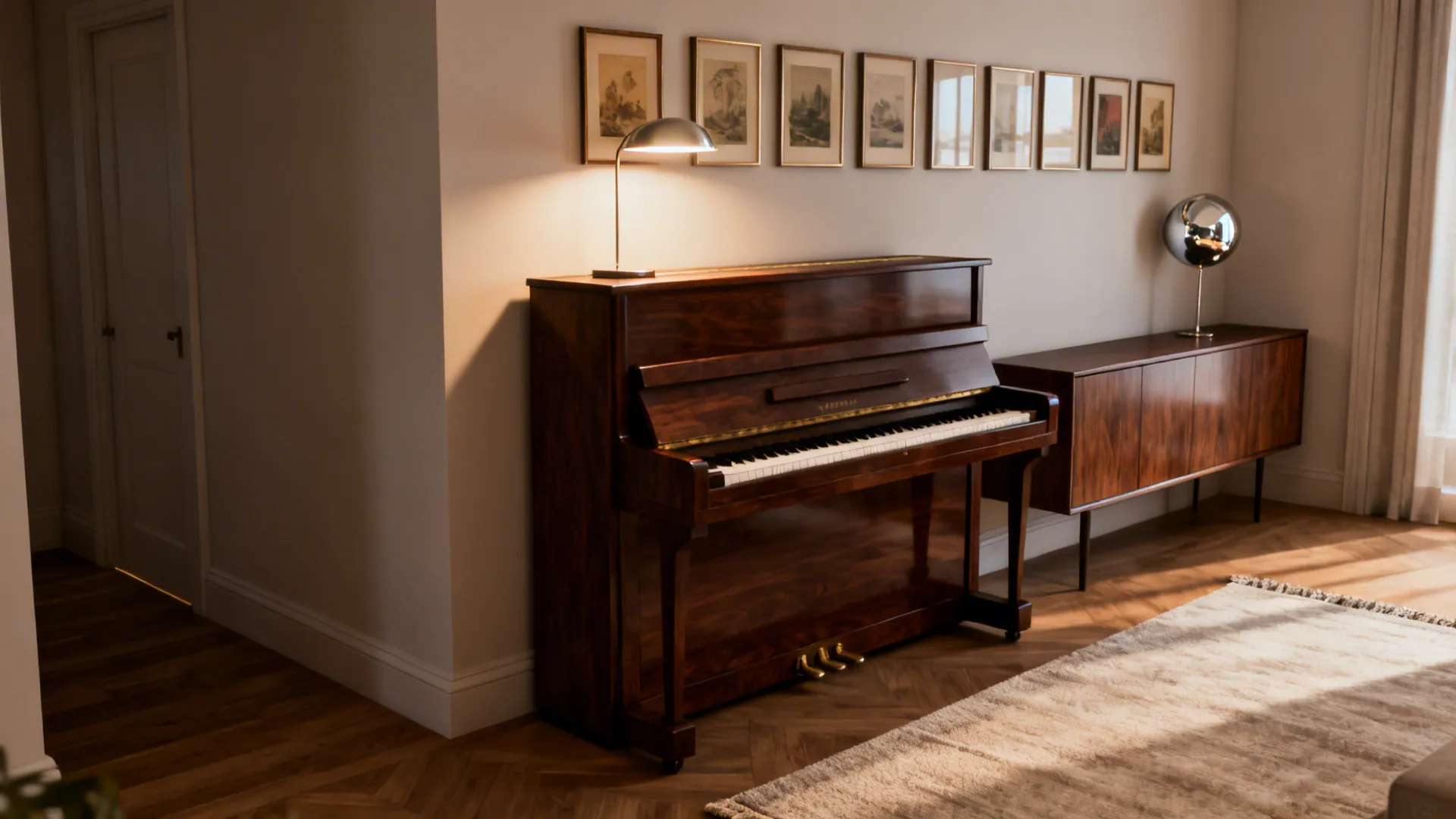 Upright piano against a long wall with framed prints, picture light and a light rug for balance.