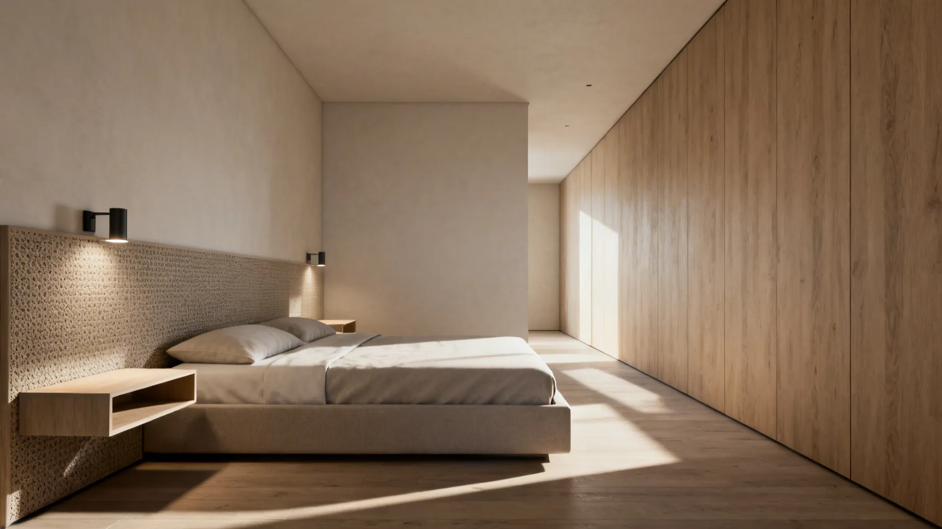 Bed placed along the longest wall with floating nightstands and clear circulation