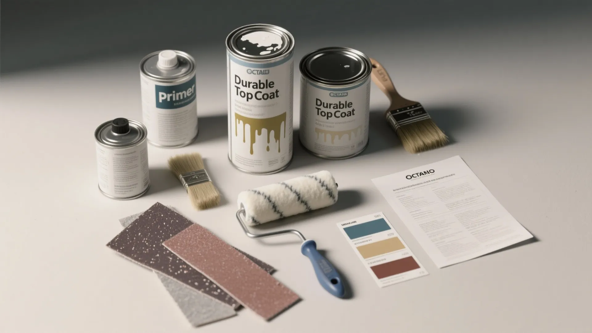 Interior painting supplies including paint cans brushes roller sandpaper and color samples on a floor