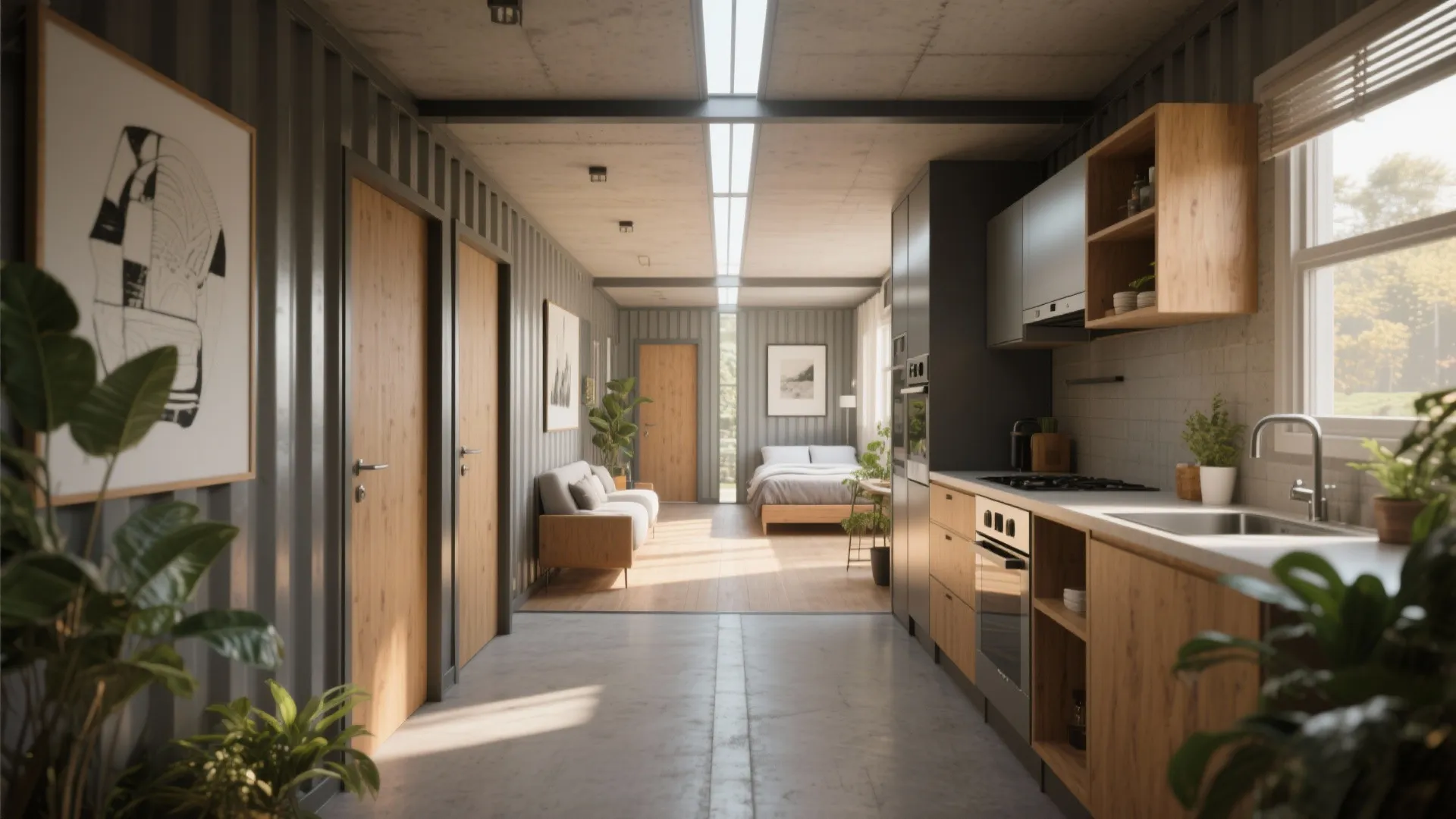 Interior corridor kitchen with bedrooms along opposite side showing efficient longitudinal split and built-in storage