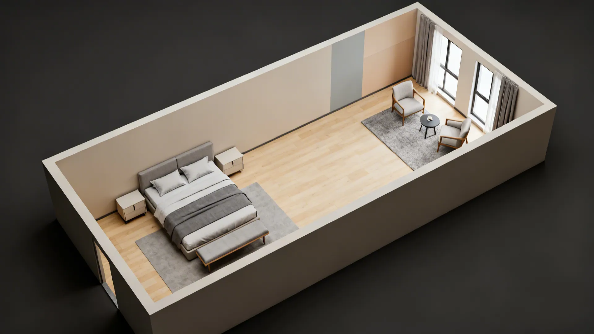 3D interior design drawing of a long bedroom layout including a bed and seating area
