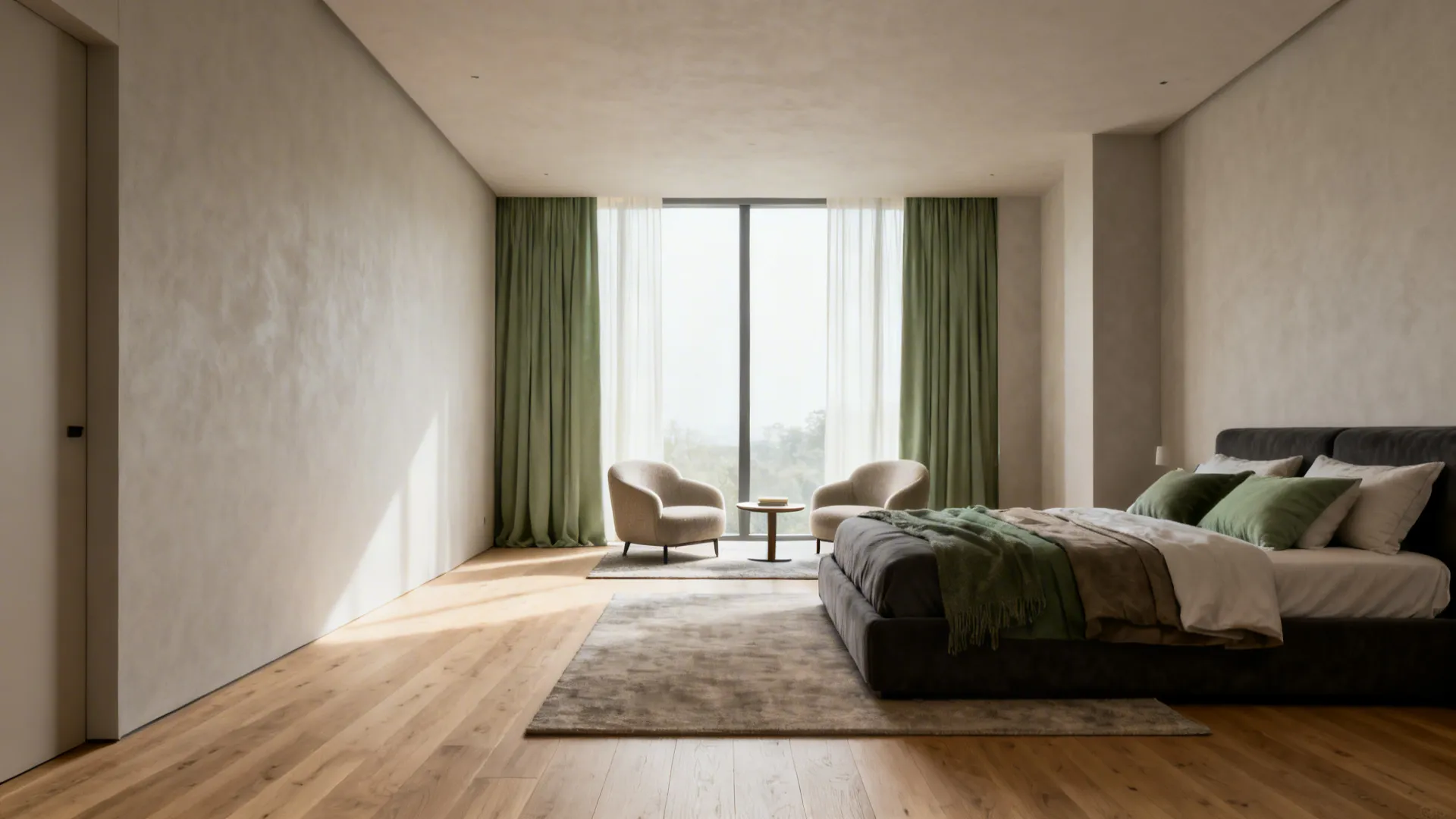 Modern bedroom featuring green curtains large windows two armchairs small table and grey upholstered bed