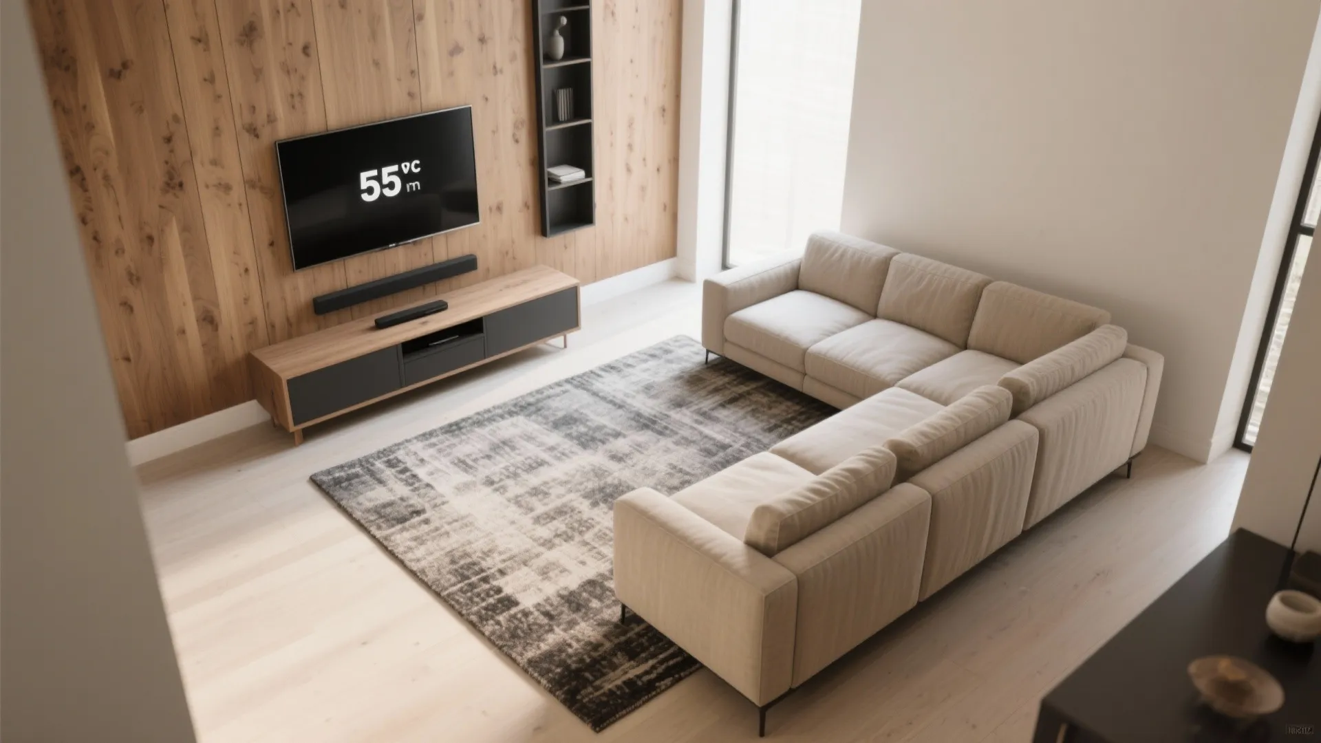 Interior design drawing of living room featuring wooden wall panel television and large corner sofa