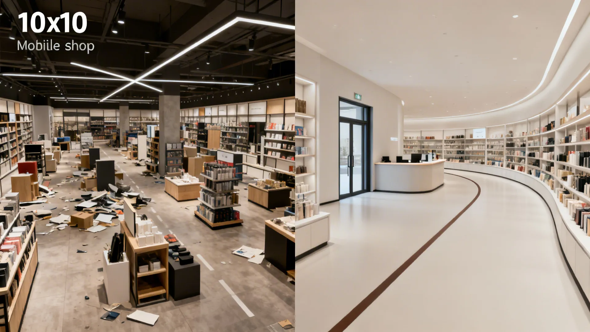 Before-and-after view showing cluttered flow versus a calm one-way loop in a 10x10 shop.
