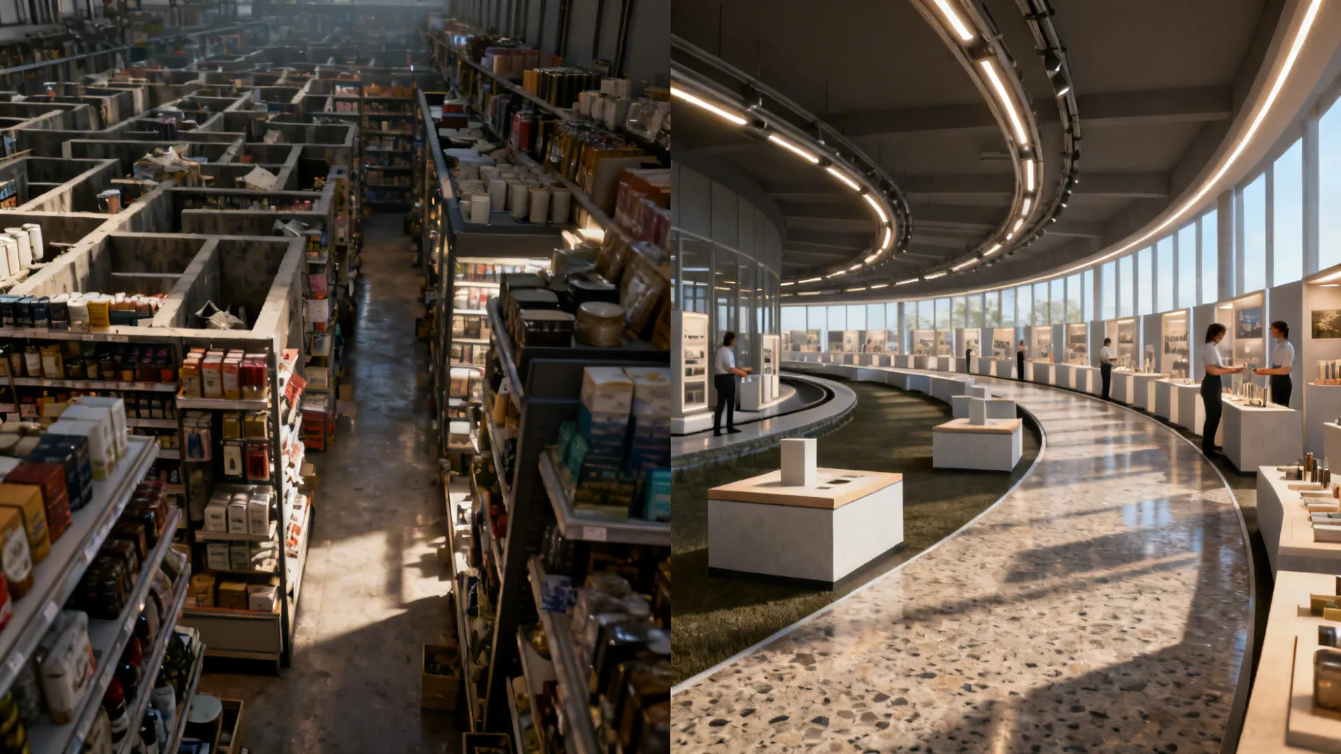 Before-and-after comparison of a maze-like store transformed into a one-way loop with open sightlines.