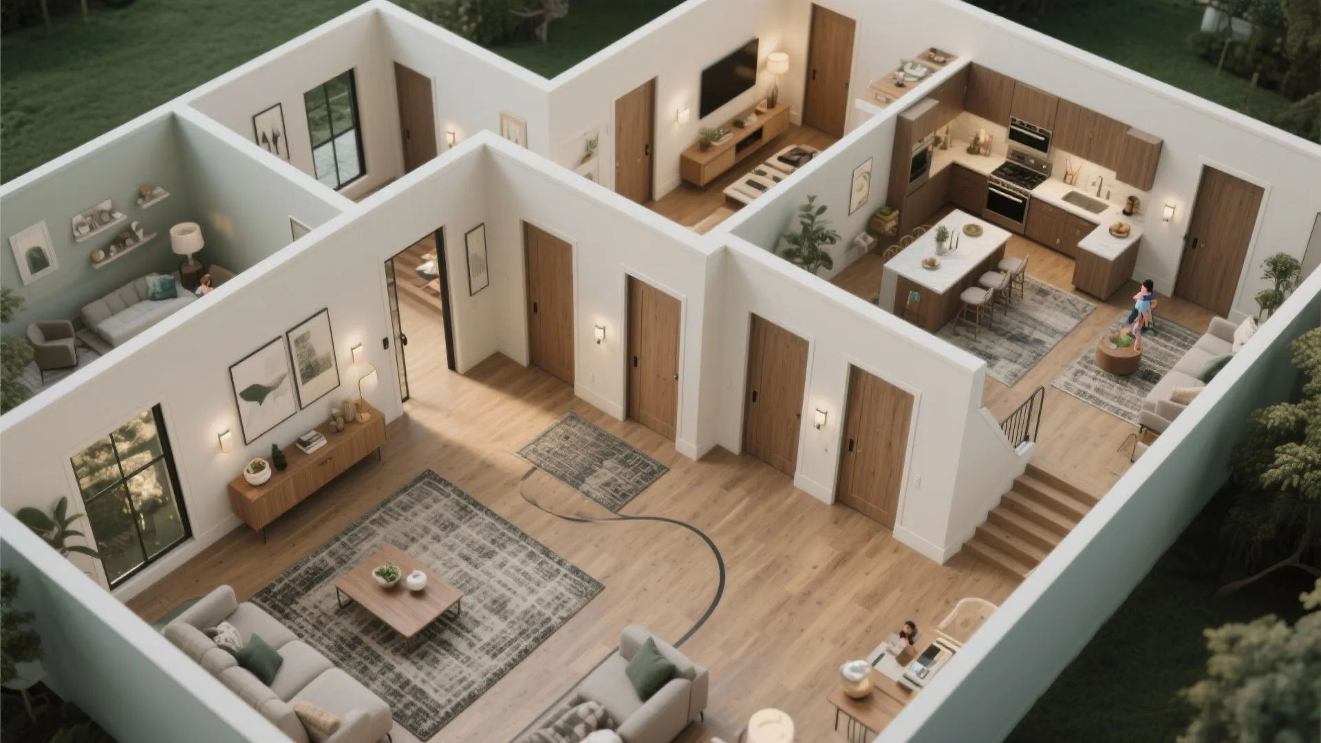 Interior design drawing of a modern house showing furniture layout kitchen and living room area