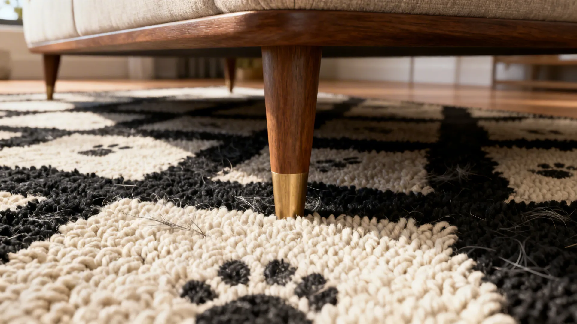 Close-up of looped black-and-ivory rug texture under a sofa leg.