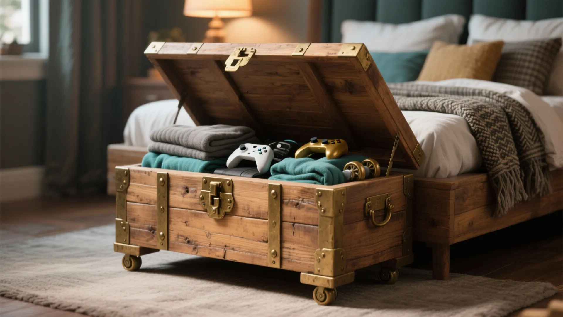 Wooden storage chest with wheels holding blankets and game controllers on a rug beside bed