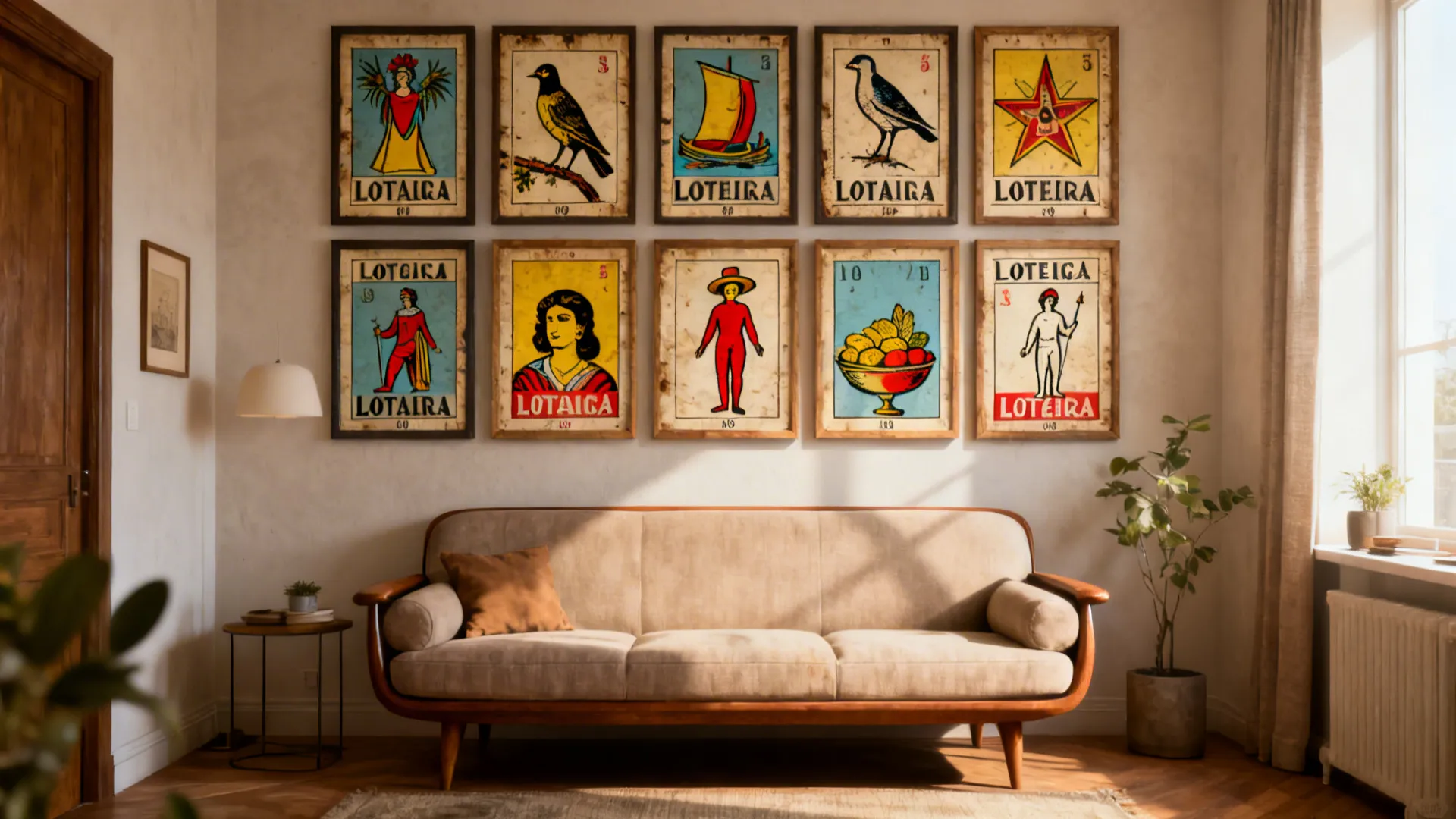 Gallery wall of oversized Lotería cards above a mid-century sofa in a compact living room.