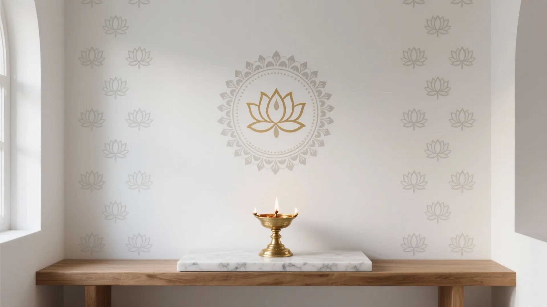 White wall with gold lotus pattern and a small brass lamp on a wooden shelf