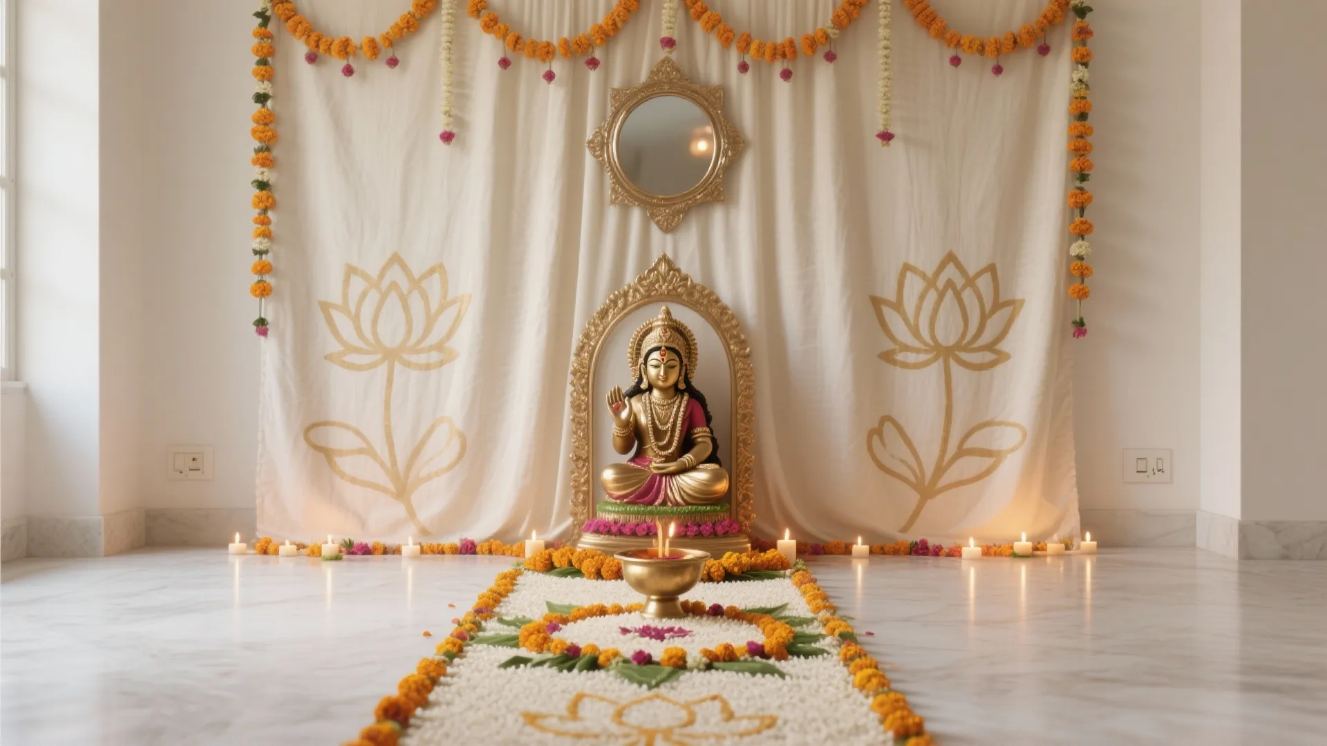 Statement Backdrops and Rangoli: Fabric Panels, Torans, Lotus Motifs