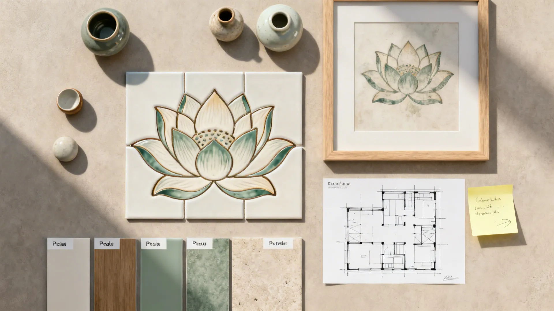Flatlay of removable lotus decals, peel-and-stick tiles, and framed prints for renters.