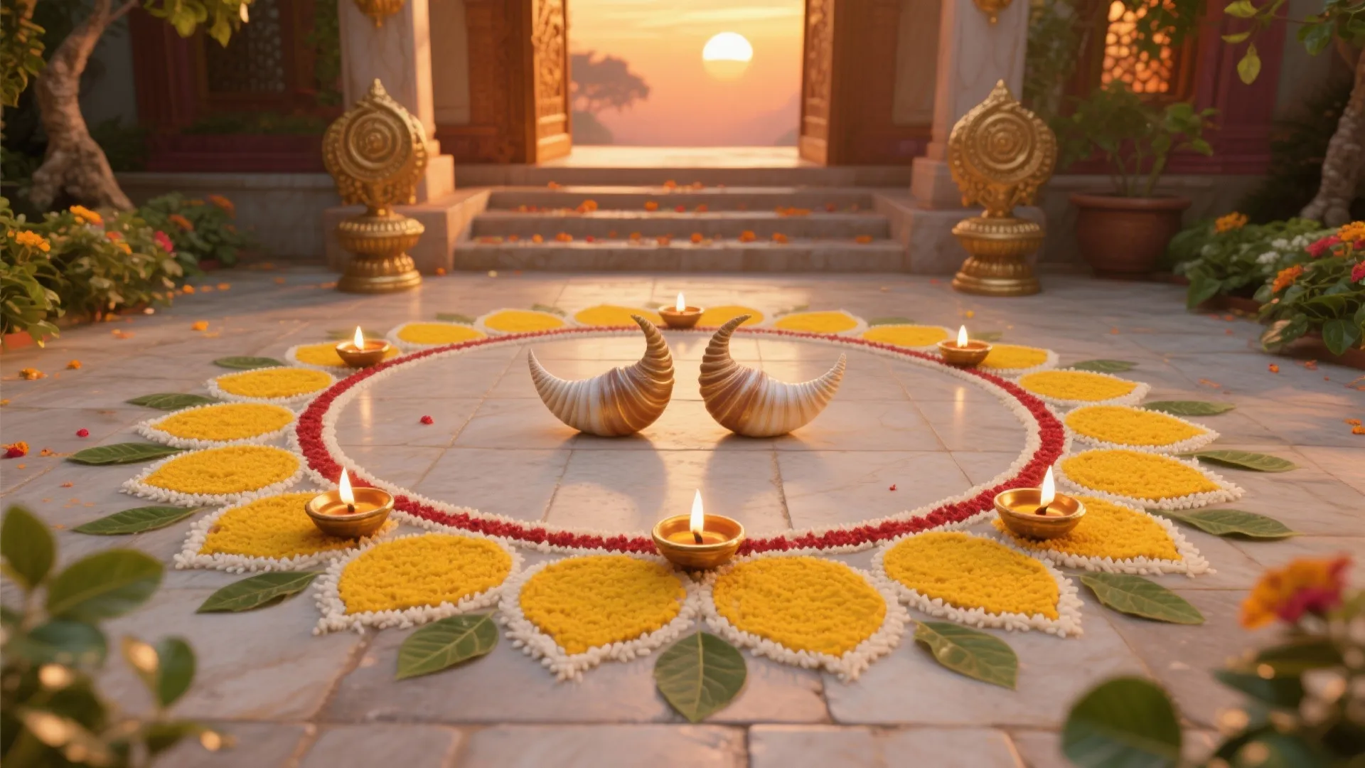 Lotus Border with Diyas and Shankha Motifs