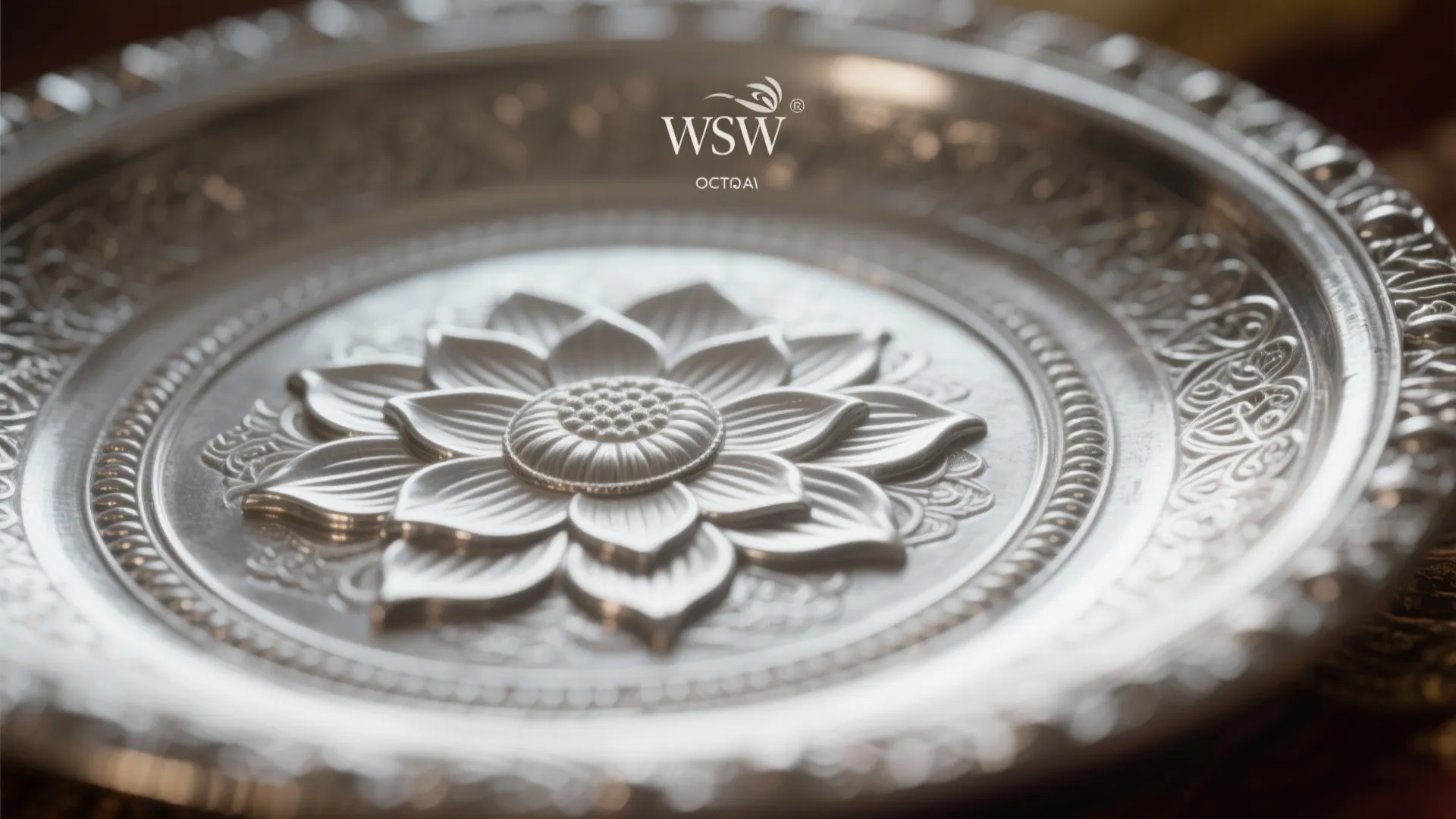 Macro of embossed lotus motif on a sterling silver pooja plate rim, devotional texture with soft highlights.