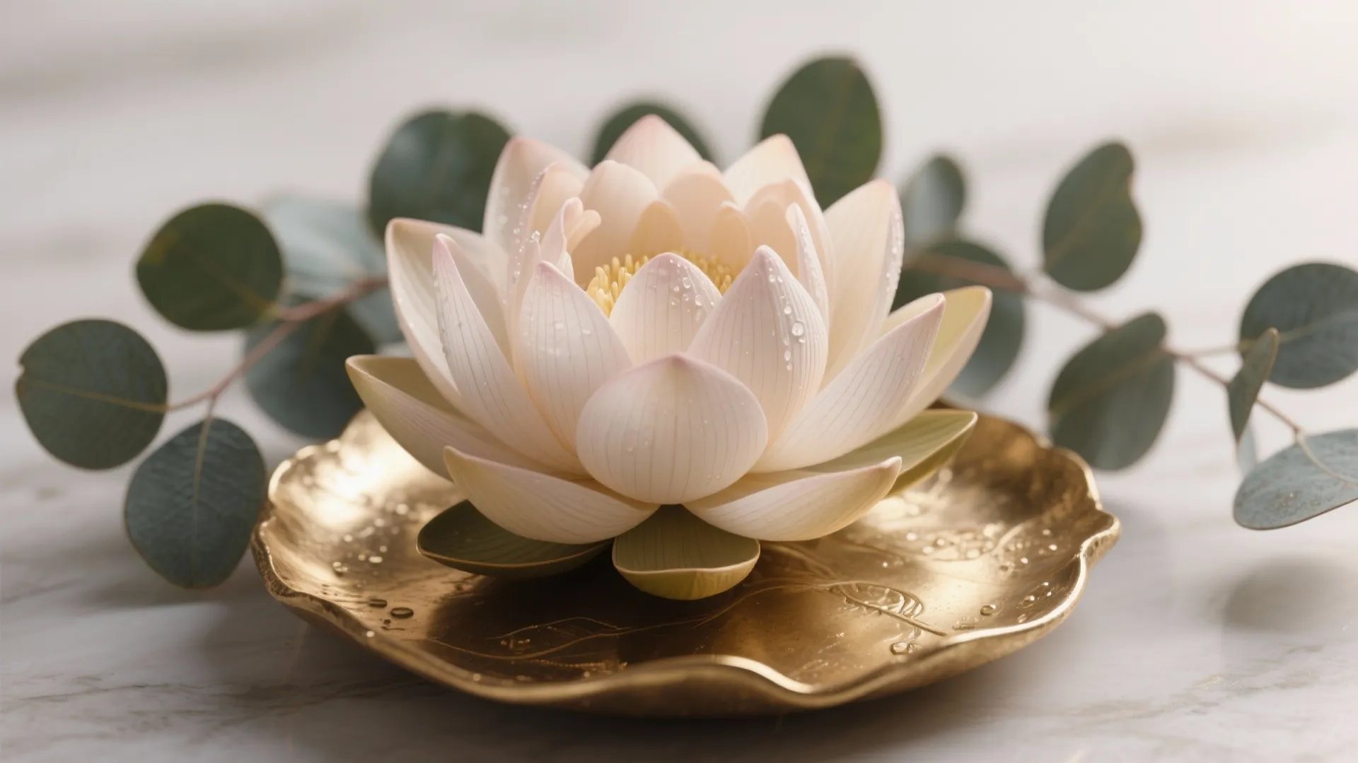 Macro detail of a lotus with eucalyptus halo on a brass base in soft daylight.