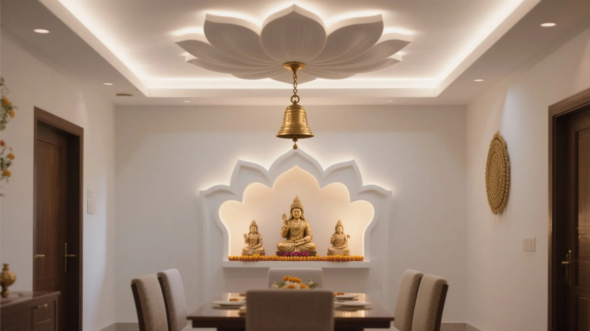 White prayer room with lotus ceiling design hanging bell Buddha statues in wall niche dining table