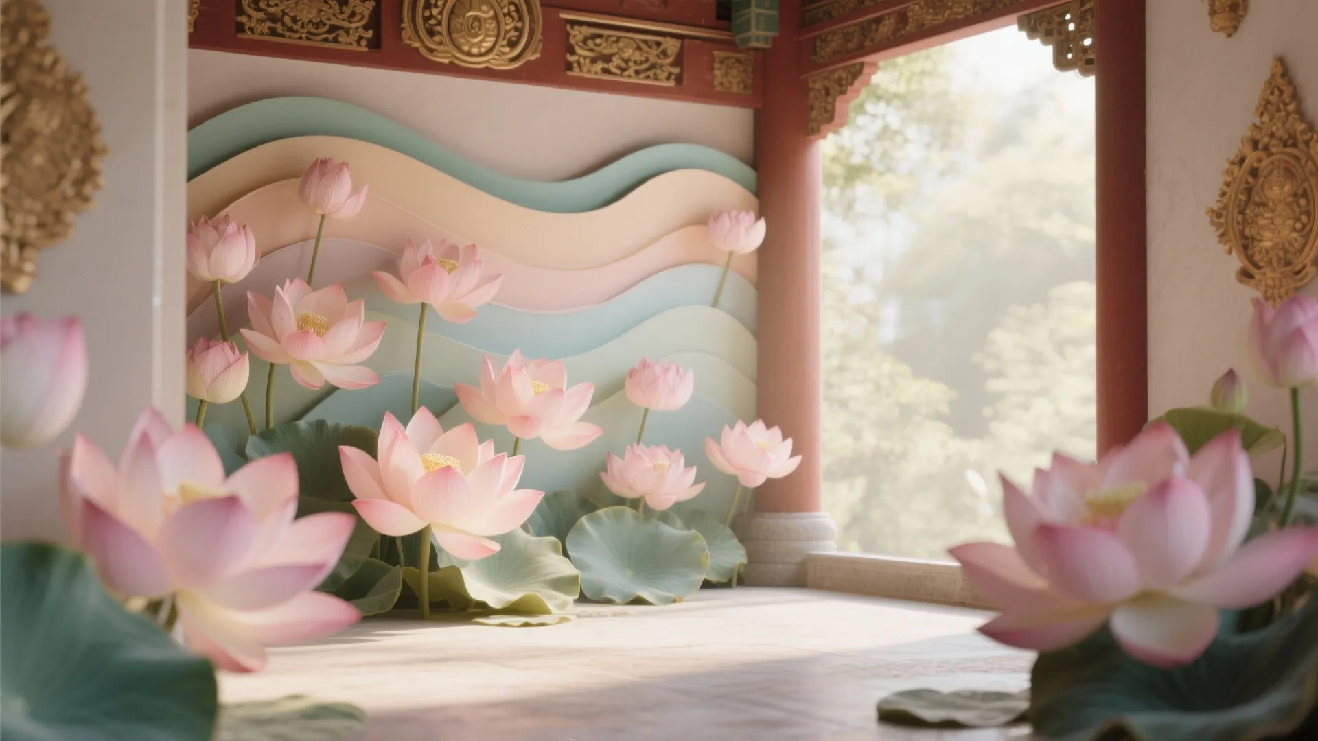 Indoor room with pink lotus flowers green leaves colorful wall patterns and soft natural outdoor light