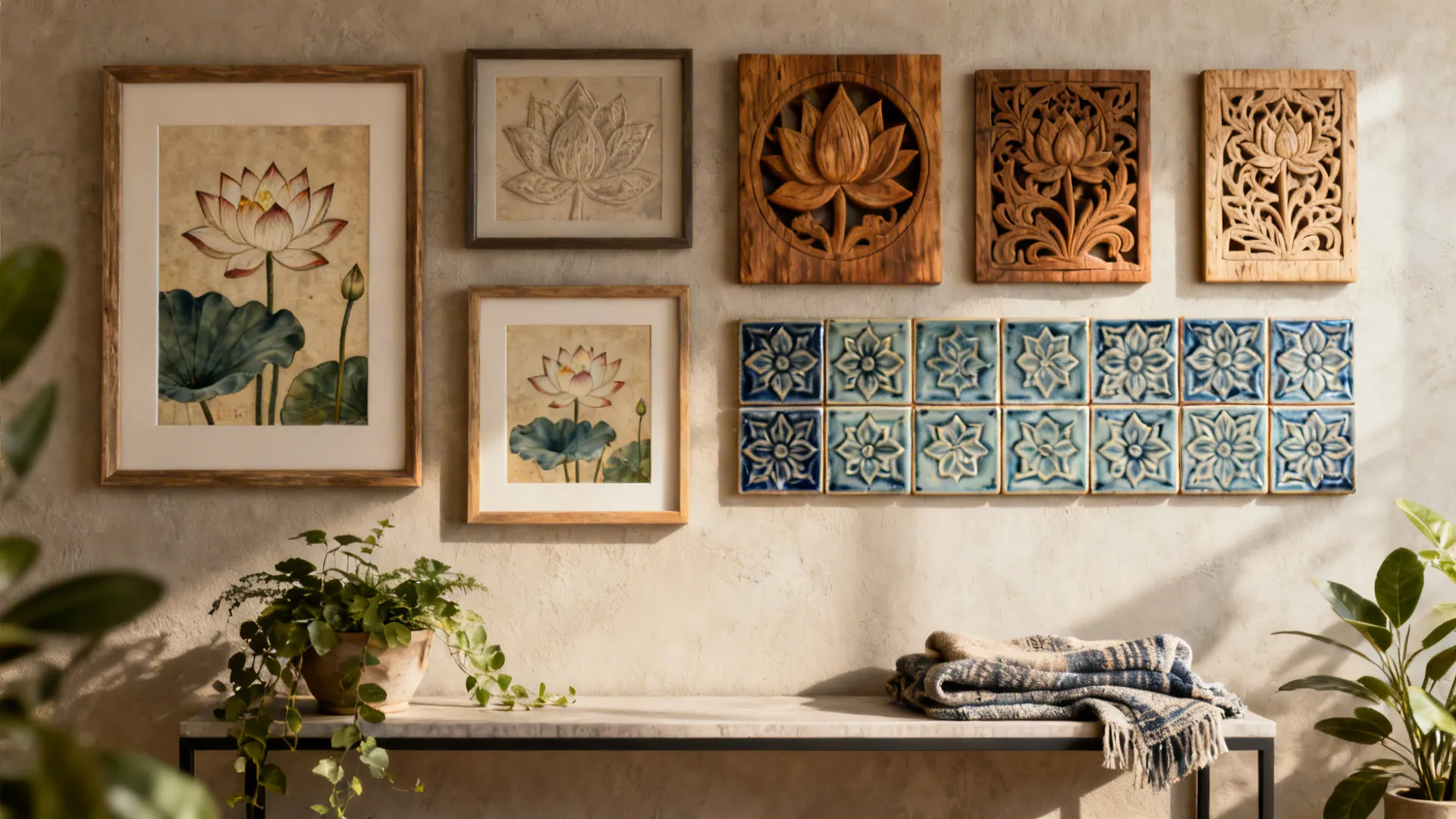Gallery wall of lotus prints, wood carvings and ceramic tiles over a console with plants.