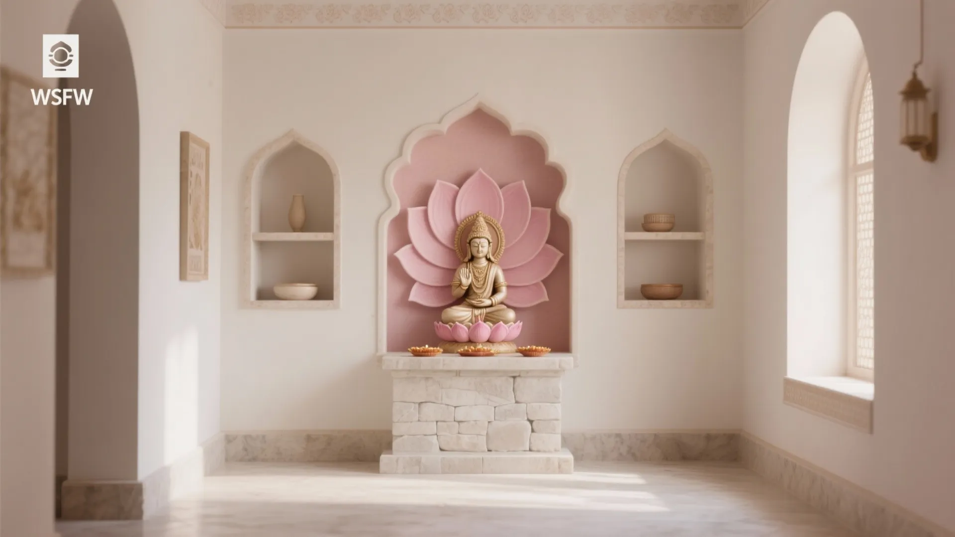 Buddha statue sitting in front of pink lotus petals on stone altar with arched wall niches