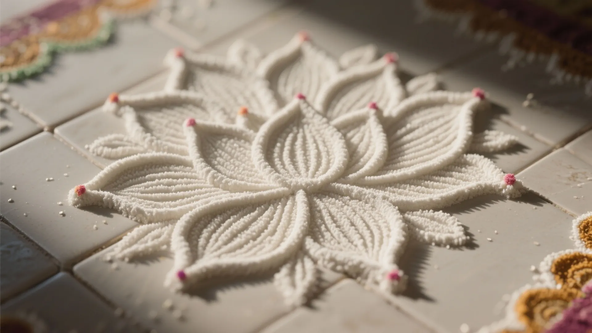 Macro detail of rice flour lines forming a lotus mandala on tile.