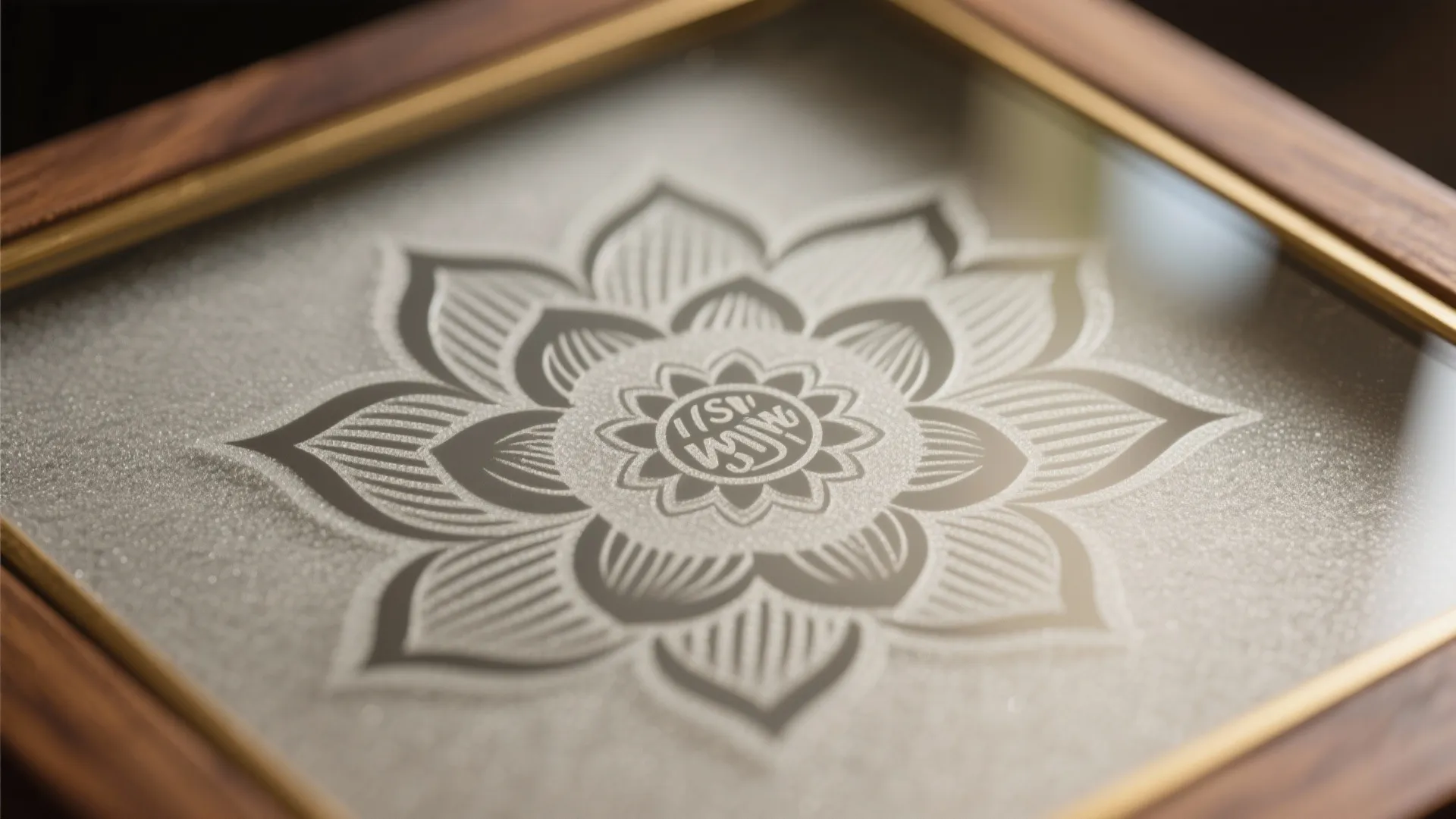 Macro view of lotus mandala etched glass with fine frosted lines and warm oak trim.