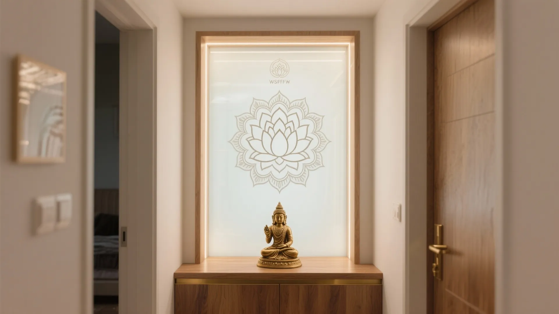 Minimal lotus mandala etched glass framing a brass murti in a warm oak pooja niche.