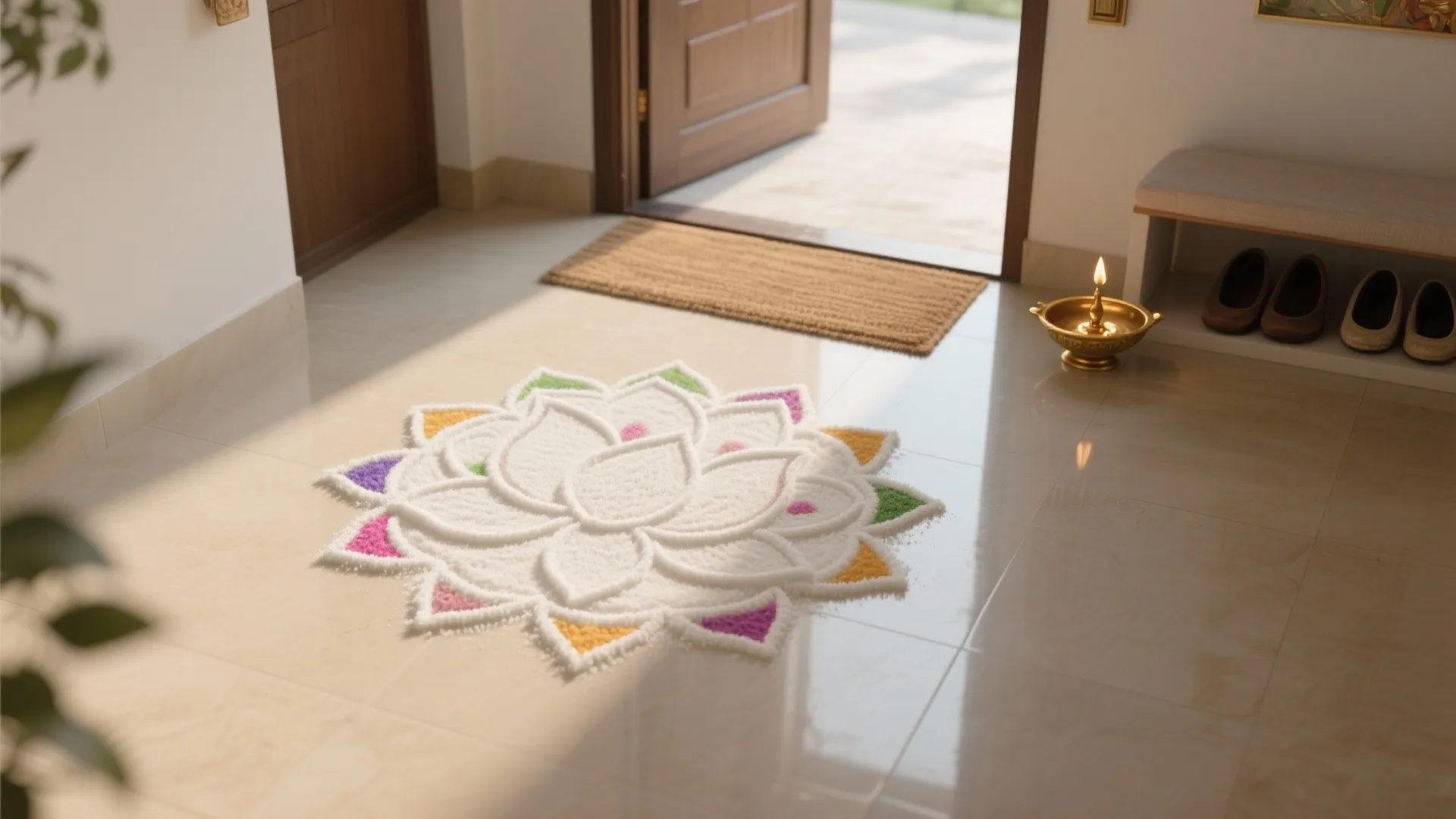 Minimal lotus mandala rangoli centered at an apartment threshold.