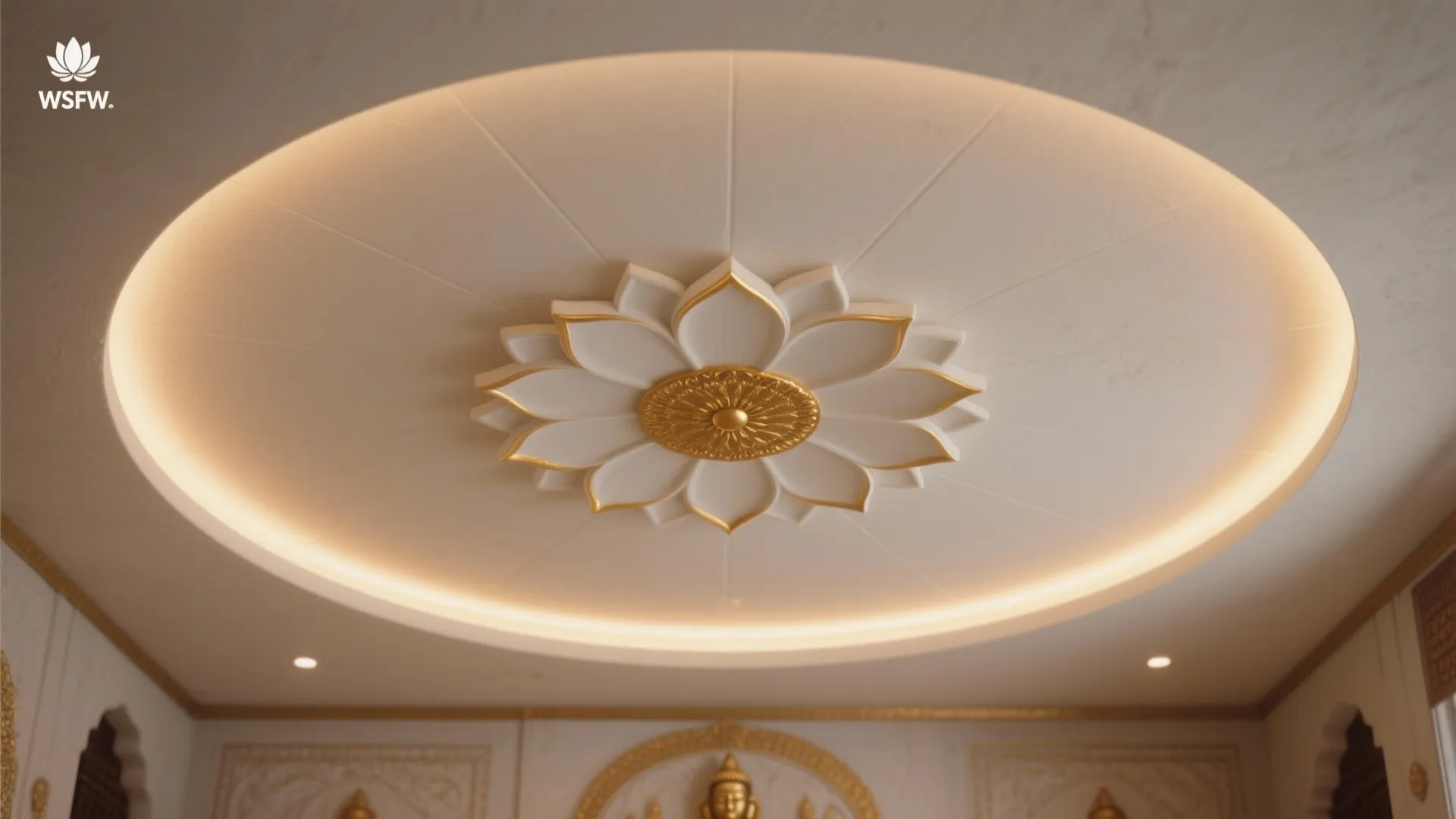 White ceiling with a flower design and gold center surrounded by a circular light fixture