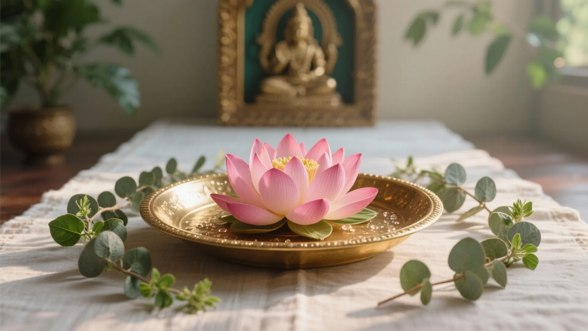 Single lotus on a brass plate framed with eucalyptus and tulsi for a minimal morning pooja.