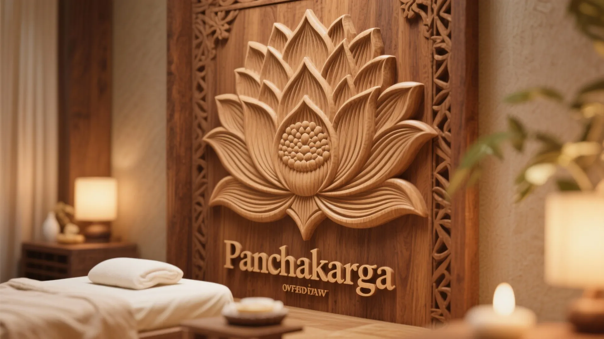 Wood wall panel with carved flower design above a massage bed in a spa room