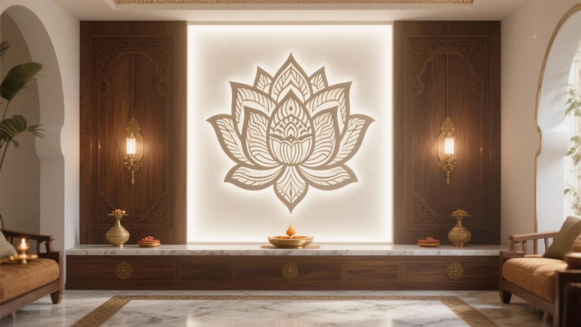 Large glowing lotus wall design between dark wood panels with wall lights and comfortable sofas