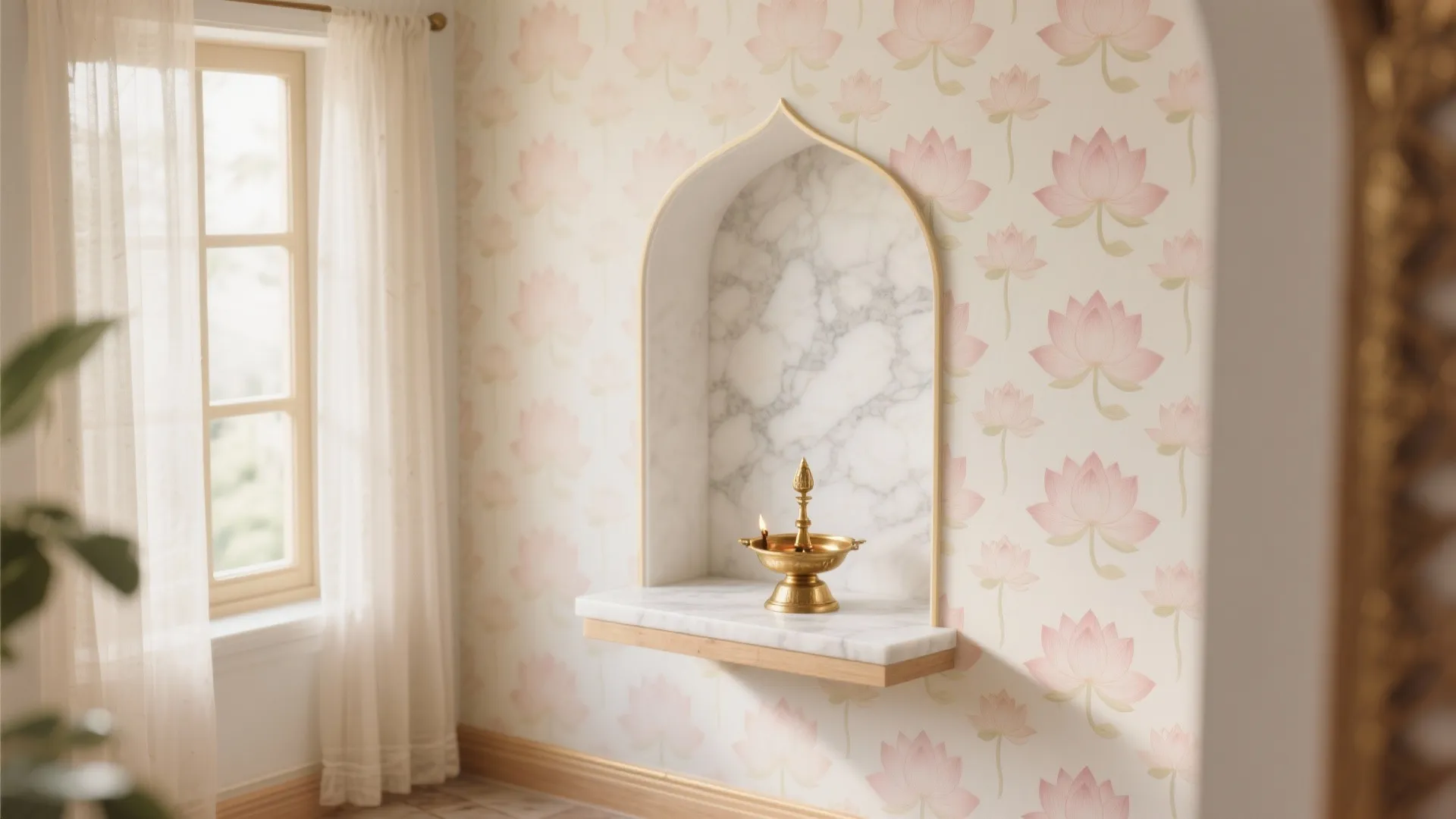 Pink lotus flower wallpaper behind marble wall niche holding a golden lamp beside white window