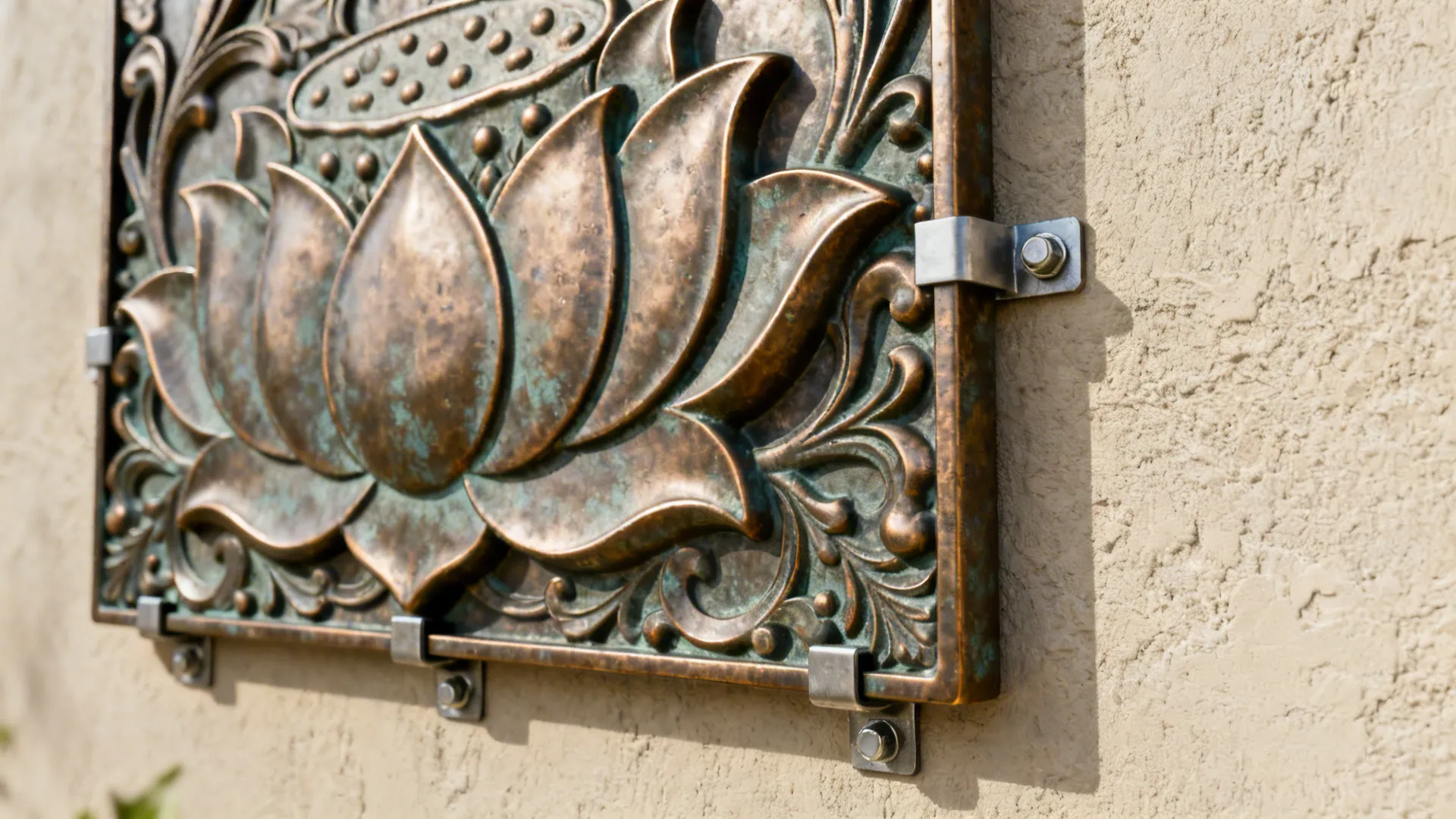Close-up of lotus wall panel texture and secure mounting hardware on a plaster wall.