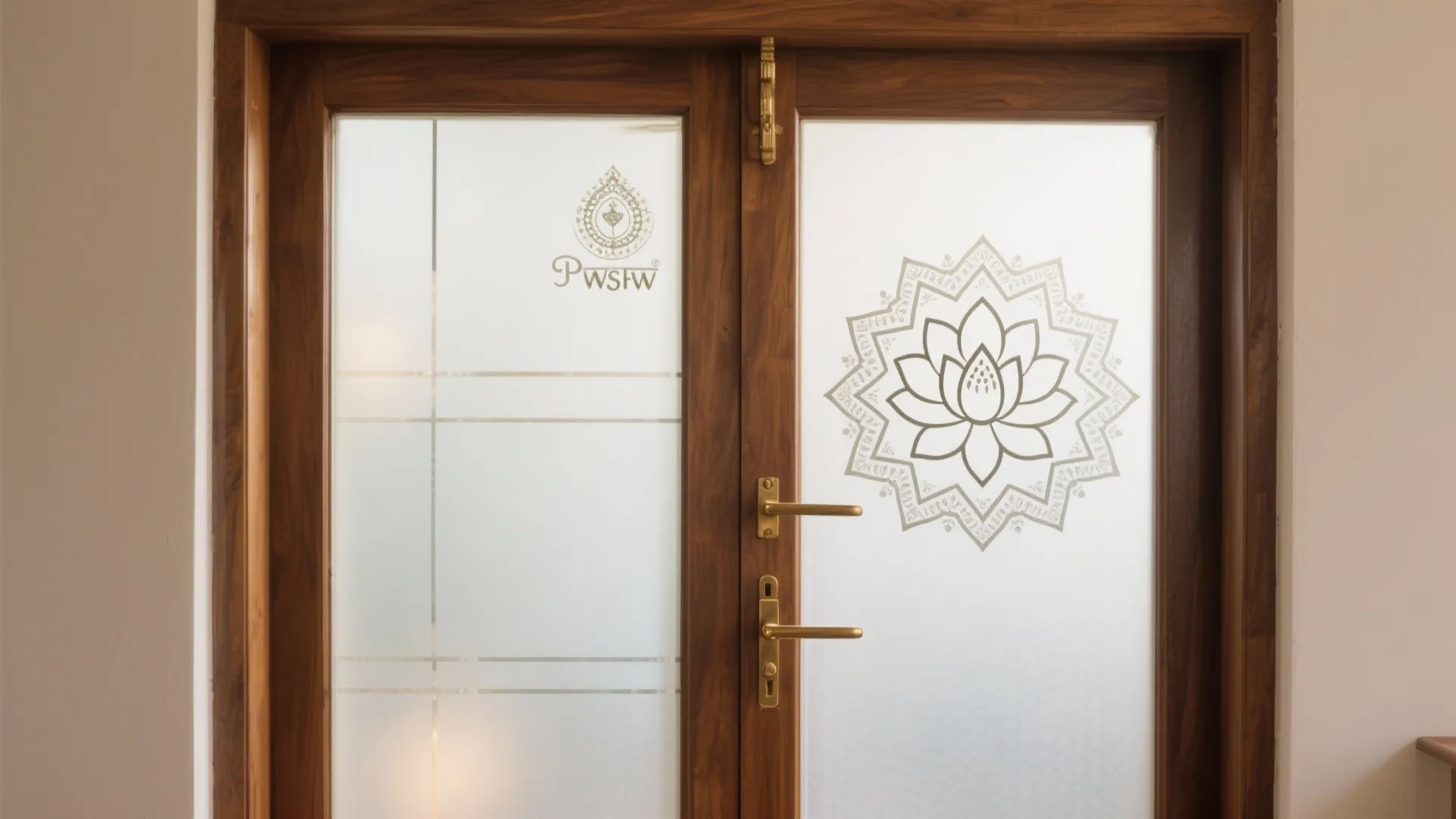 Wooden double doors featuring frosted glass panels with a decorative lotus flower and gold handles