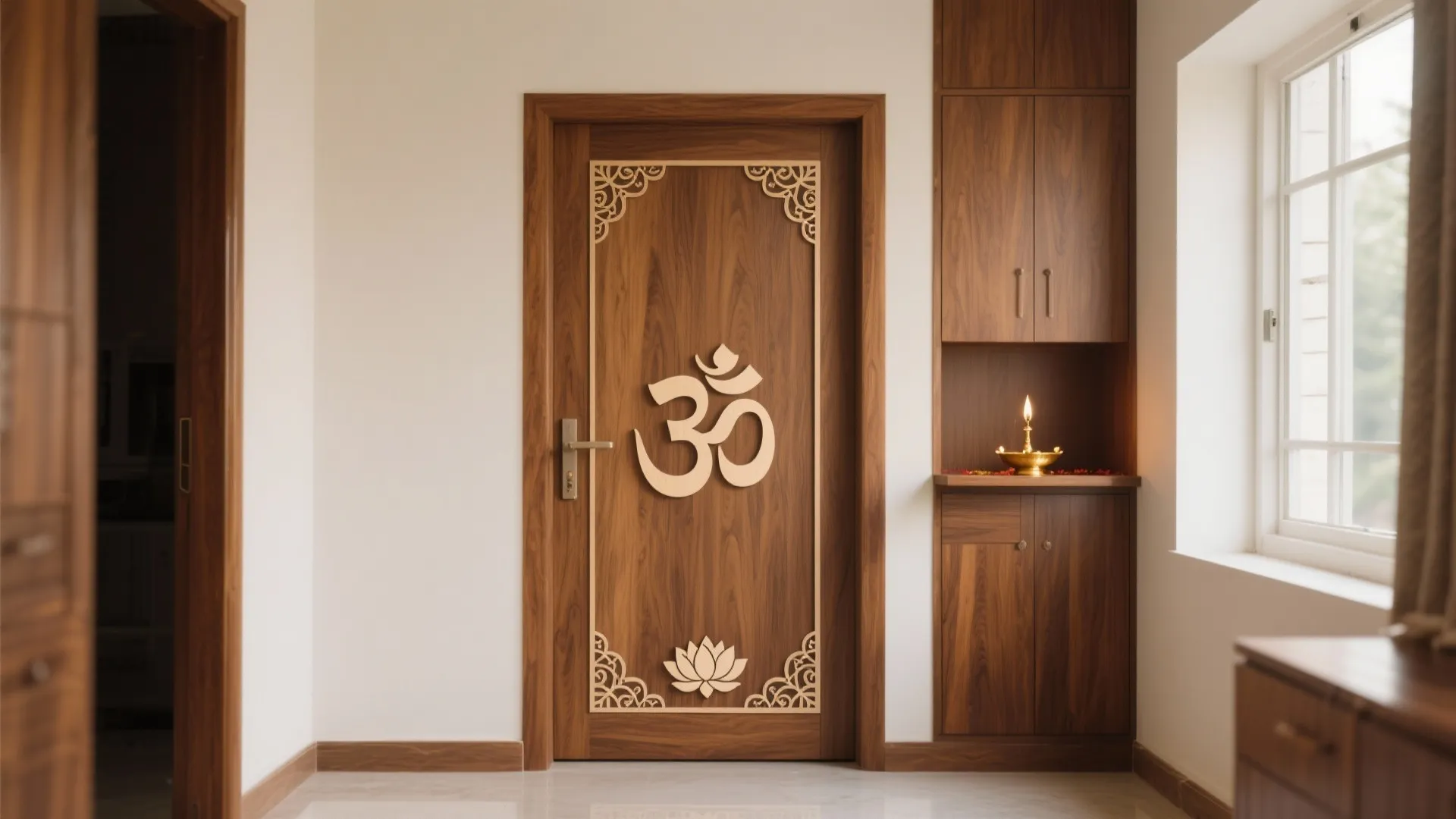 Wooden door with religious symbol and lotus carving next to a cabinet and a window