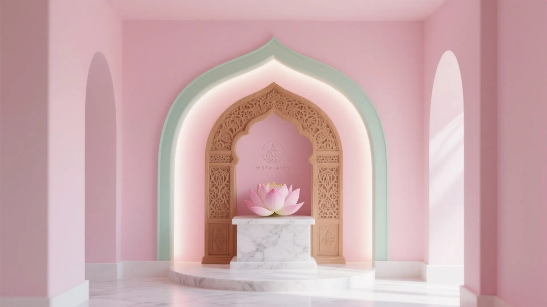 Pink meditation room with carved wooden arch and marble stand holding a large pink lotus flower