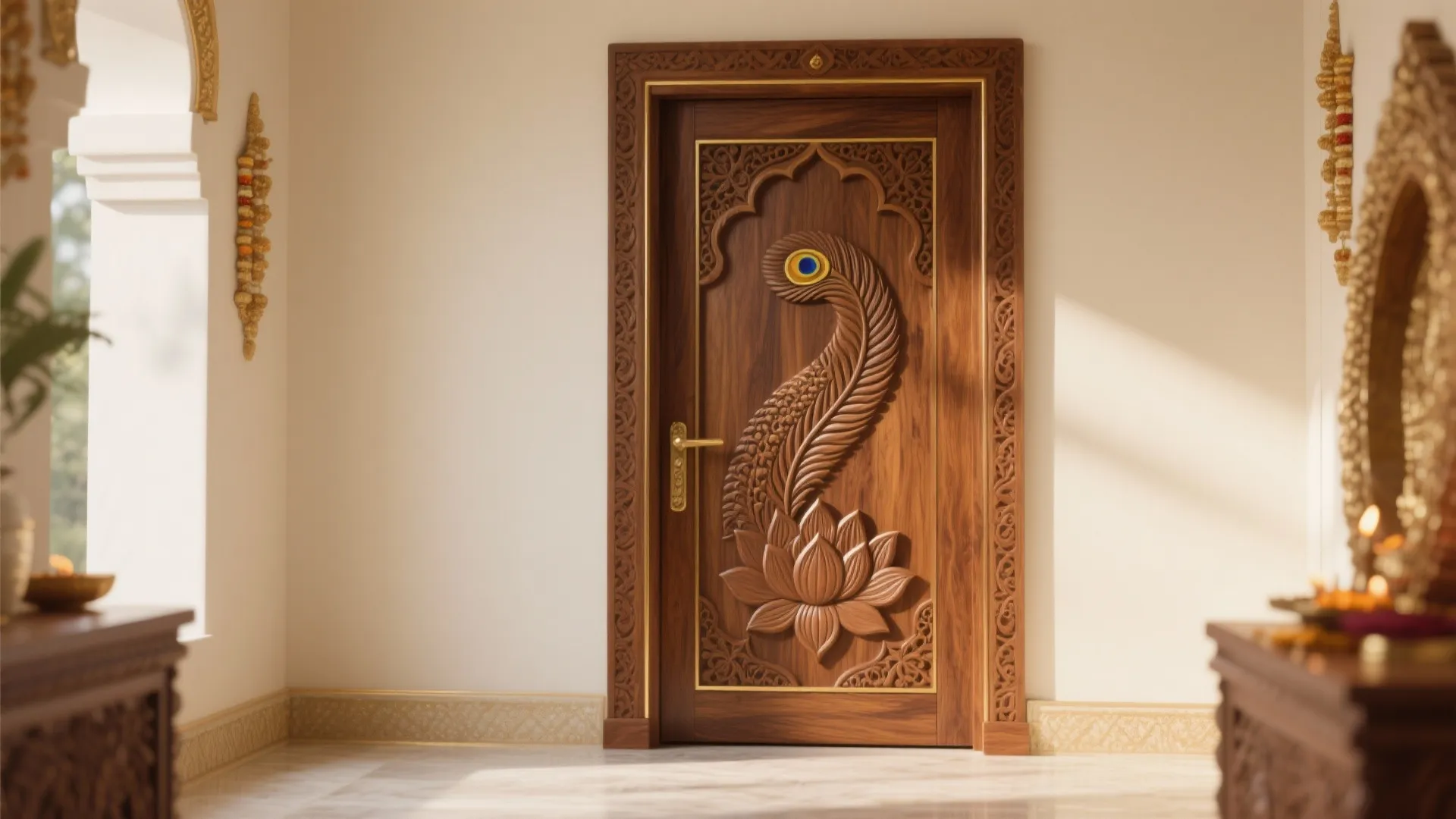 Lotus & Peacock Motif Carvings