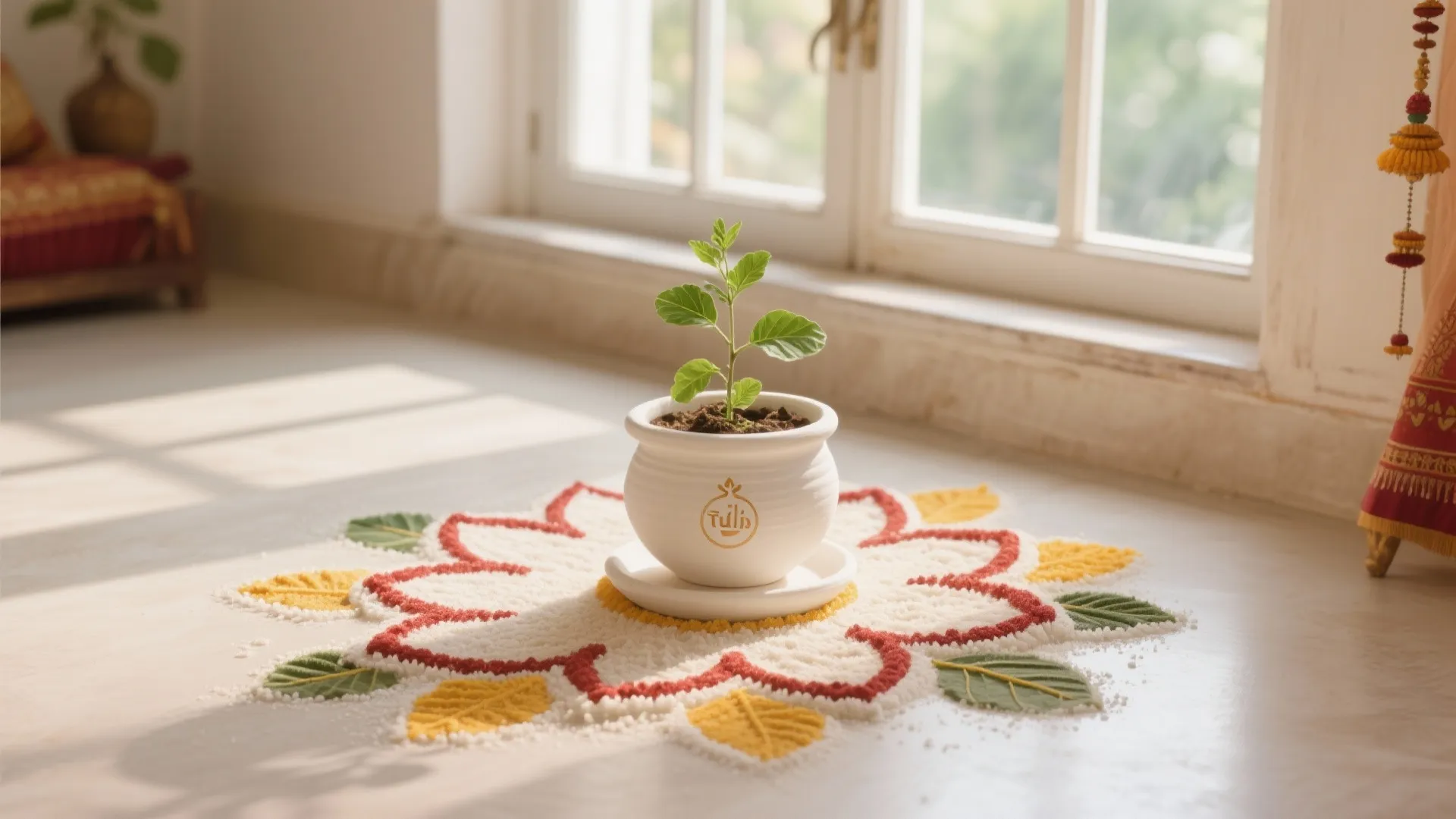 Small green plant in white pot sitting on colorful floor pattern near sunny bright window