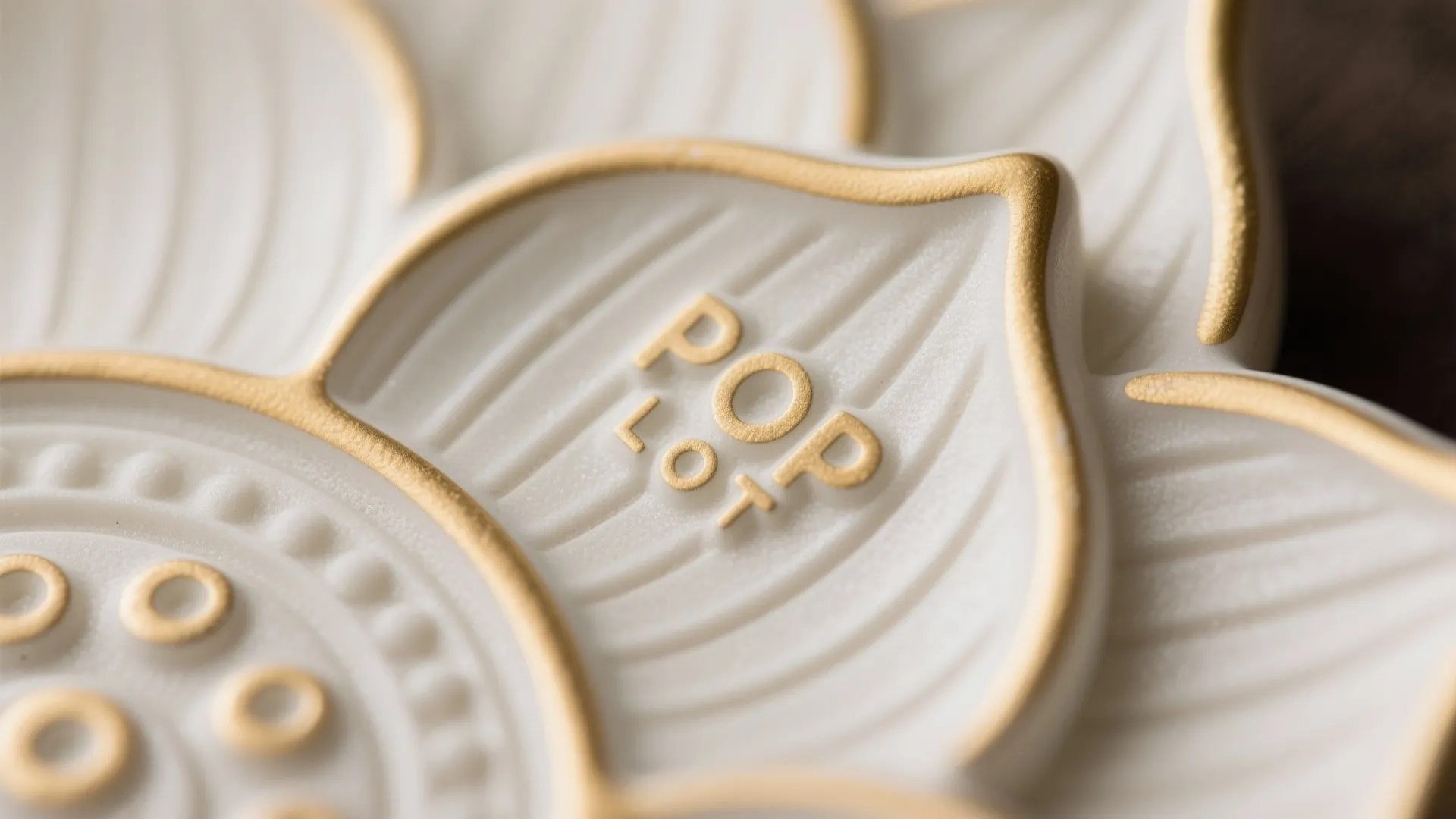Close up view of white lotus flower decoration with gold edges and engraved text detail