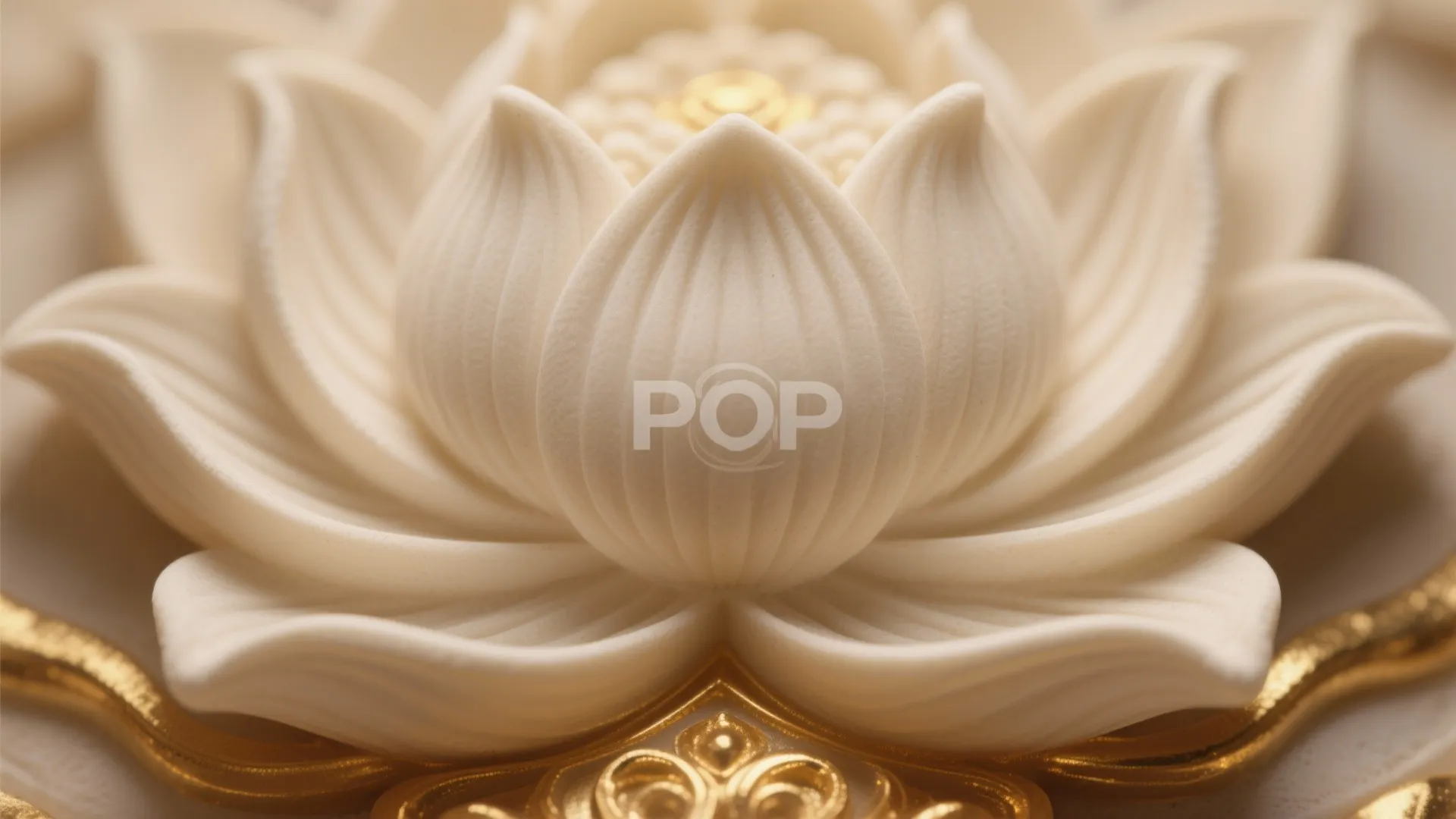 Close up view of white flower wall panel with gold details and soft warm lighting
