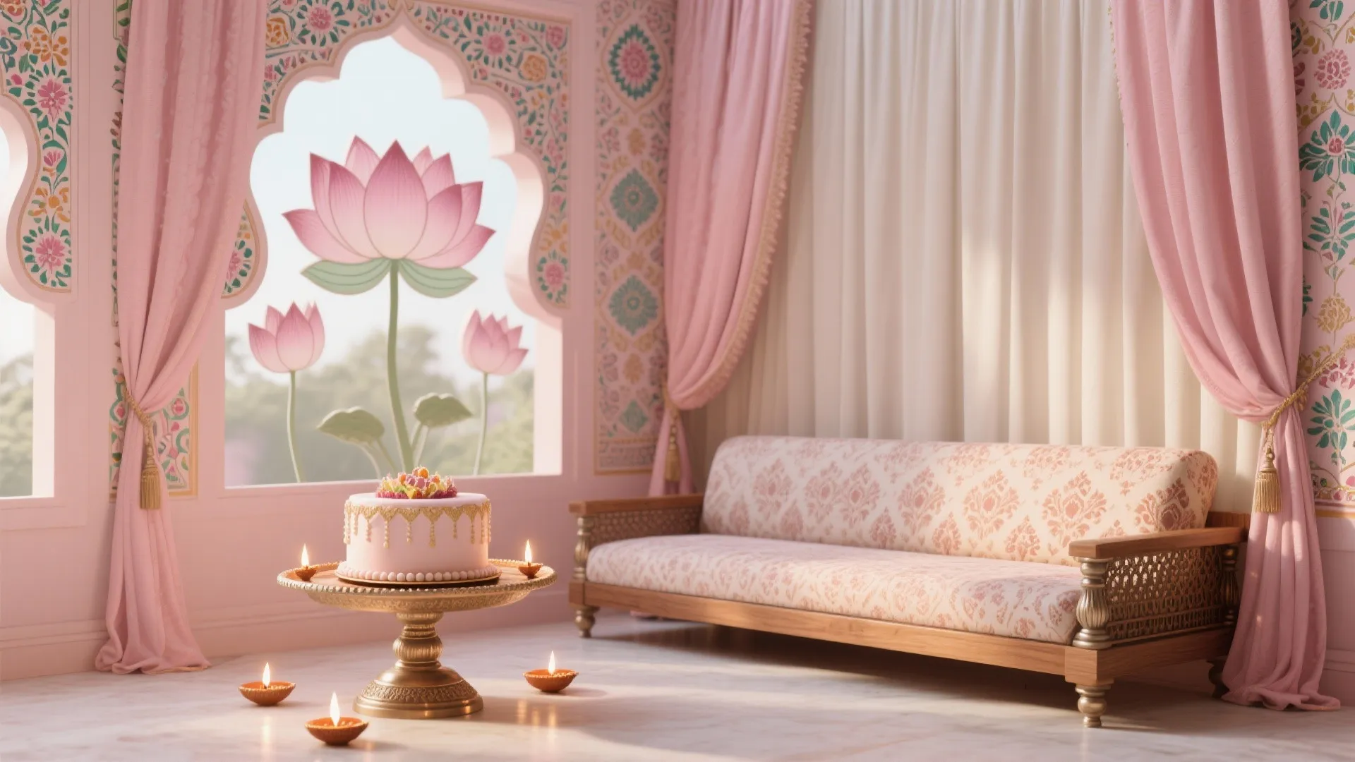 Lotus & Pastel Pichwai (Cultural Elegance, LED Diyas, and Petals)