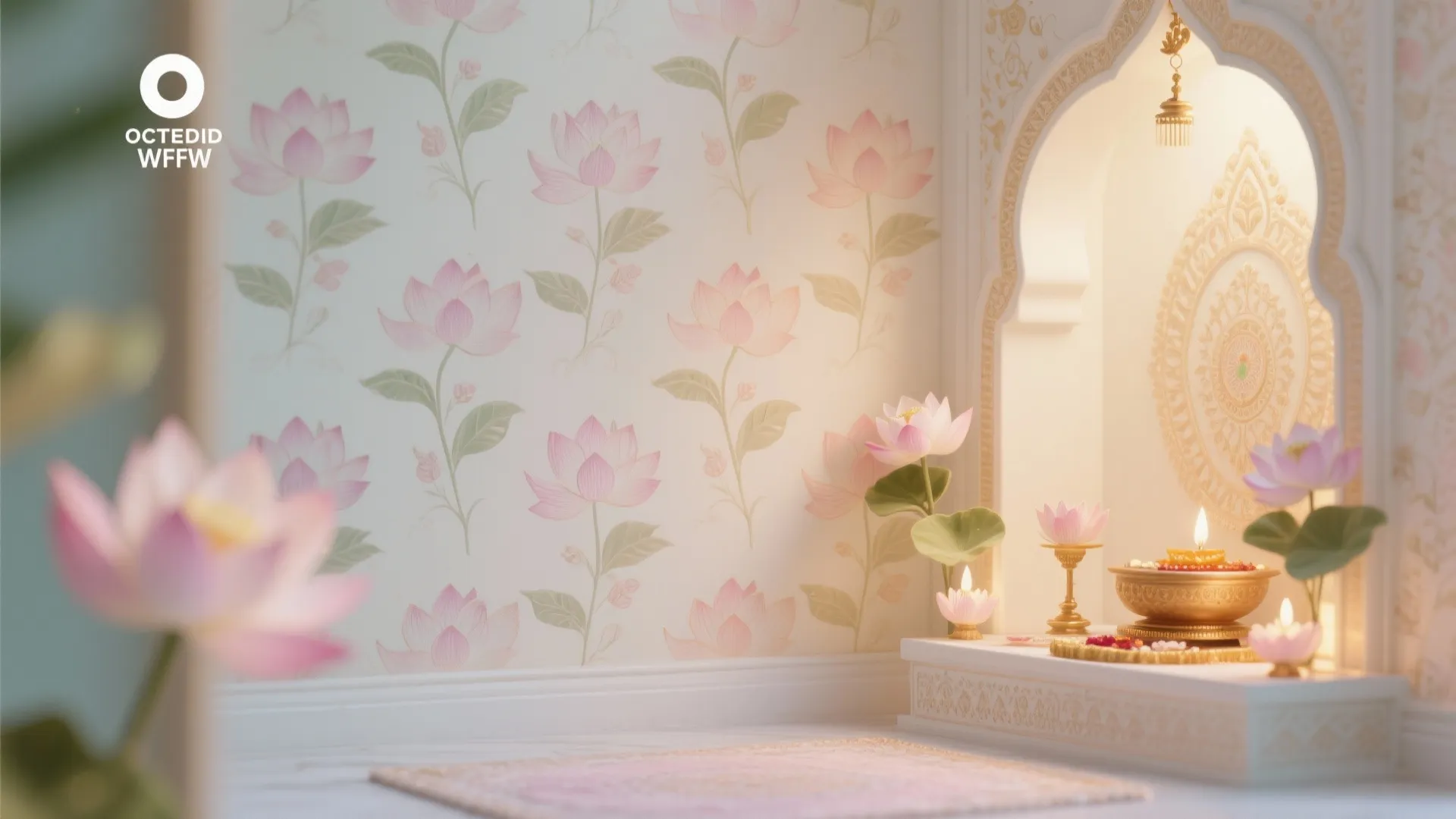 Lotus pattern wallpaper in a prayer room with golden candles and soft warm lighting design