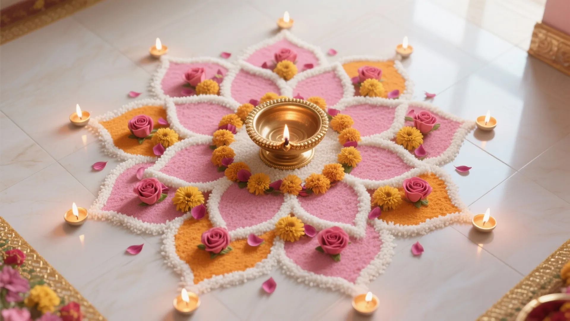 Lotus Petal Rangoli that Anchors the Pooja